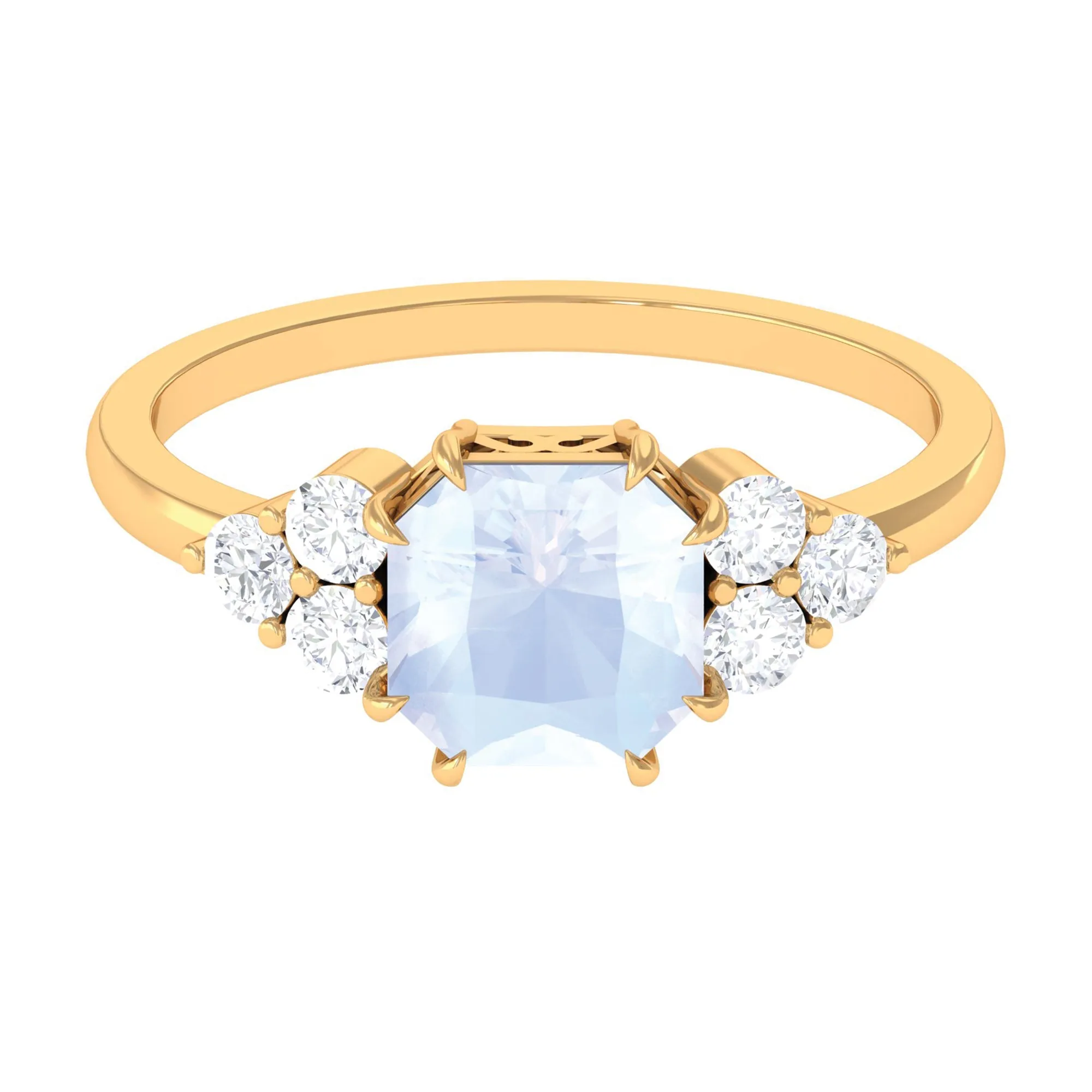 Asscher Cut Moonstone Solitaire Engagement Ring with Diamond Trio