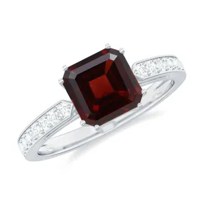 Asscher Garnet Solitaire Engagement Ring with Diamond