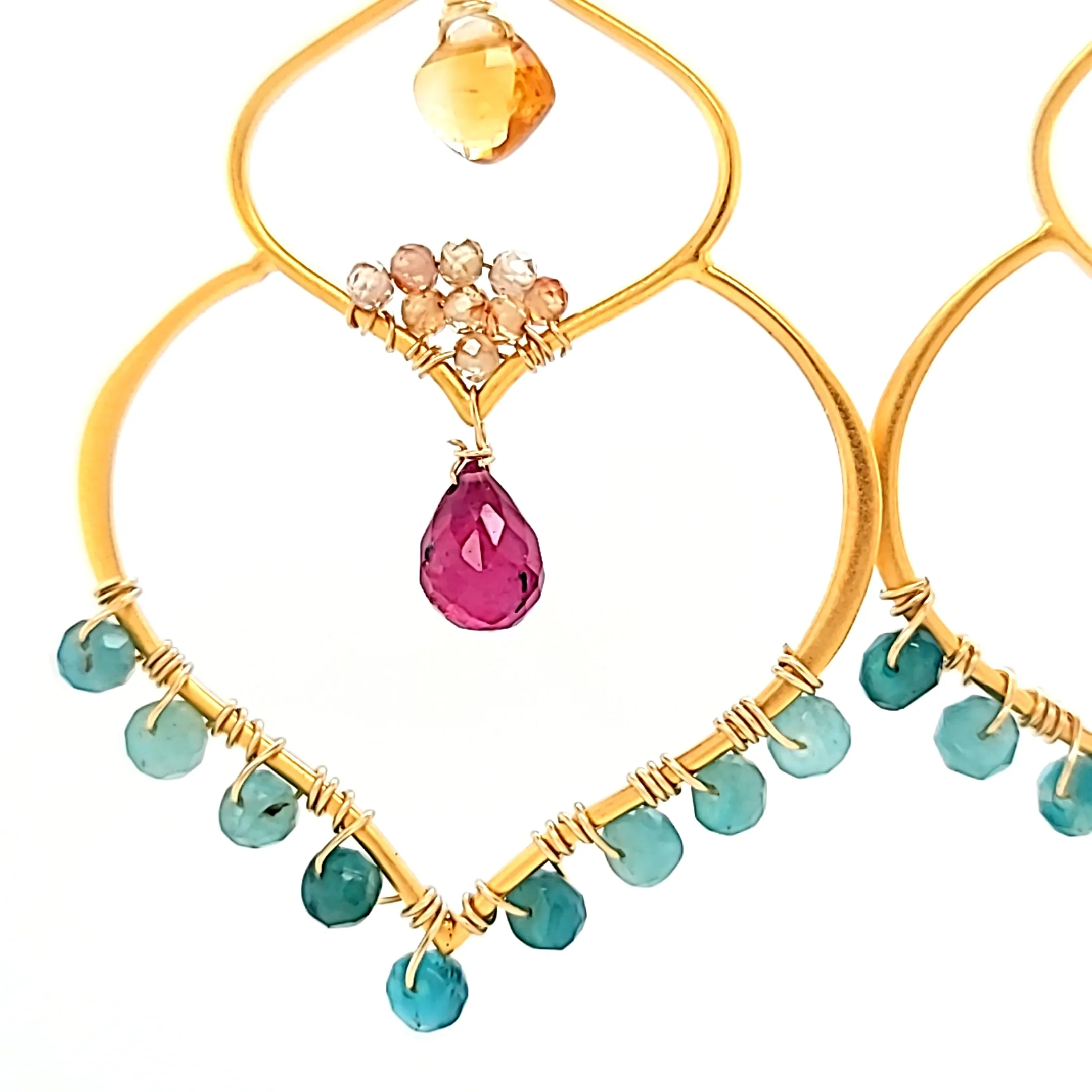 AVF Gold Moroccan Inspired Sunstone, Ruby, Zircon & Grandidierite Large Dangle Earrings (SI3756)