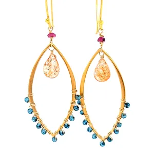 AVF Gold Sunstone, Ruby & Blue Quartz Marquise Shaped Dangle Earrings (SI3747)