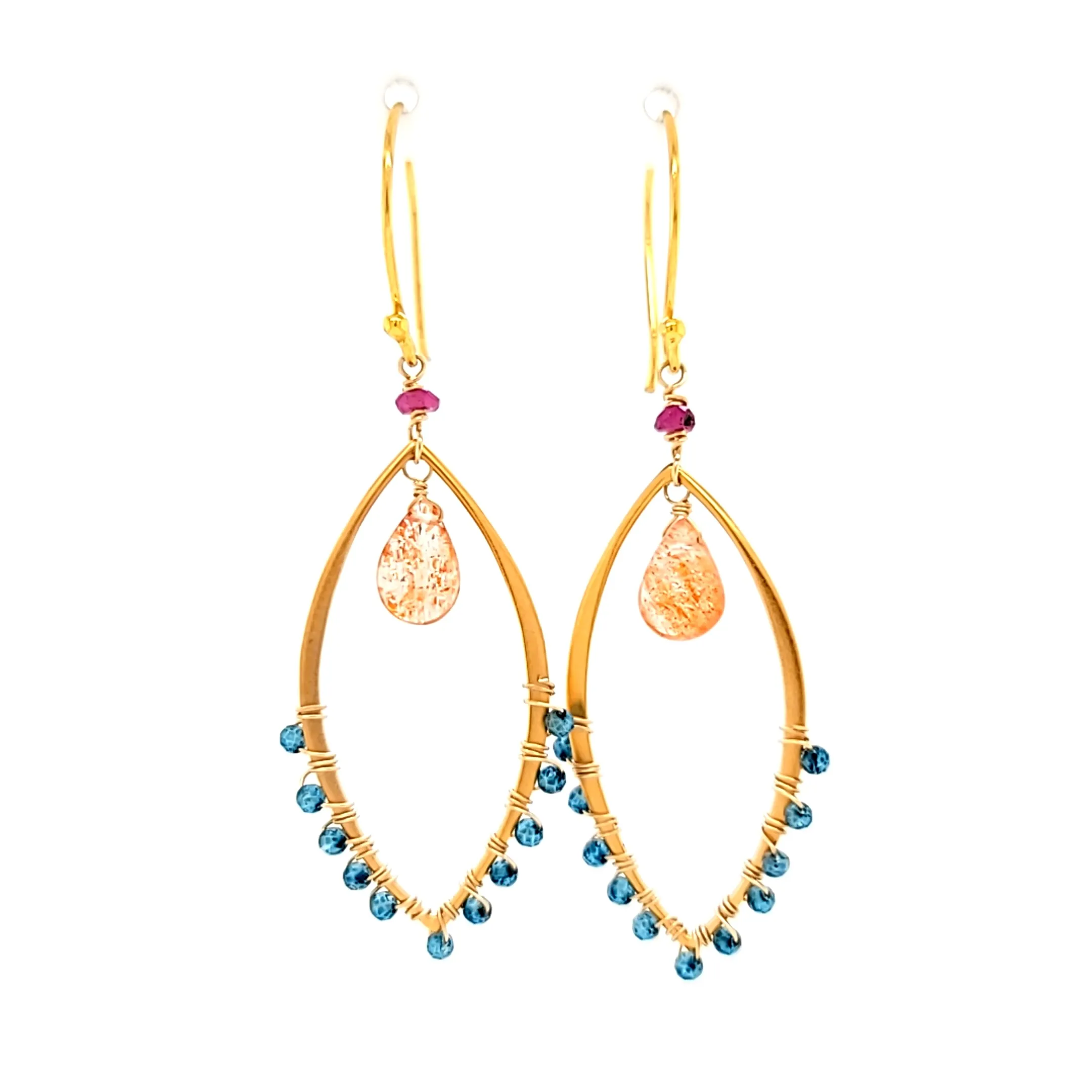AVF Gold Sunstone, Ruby & Blue Quartz Marquise Shaped Dangle Earrings (SI3747)