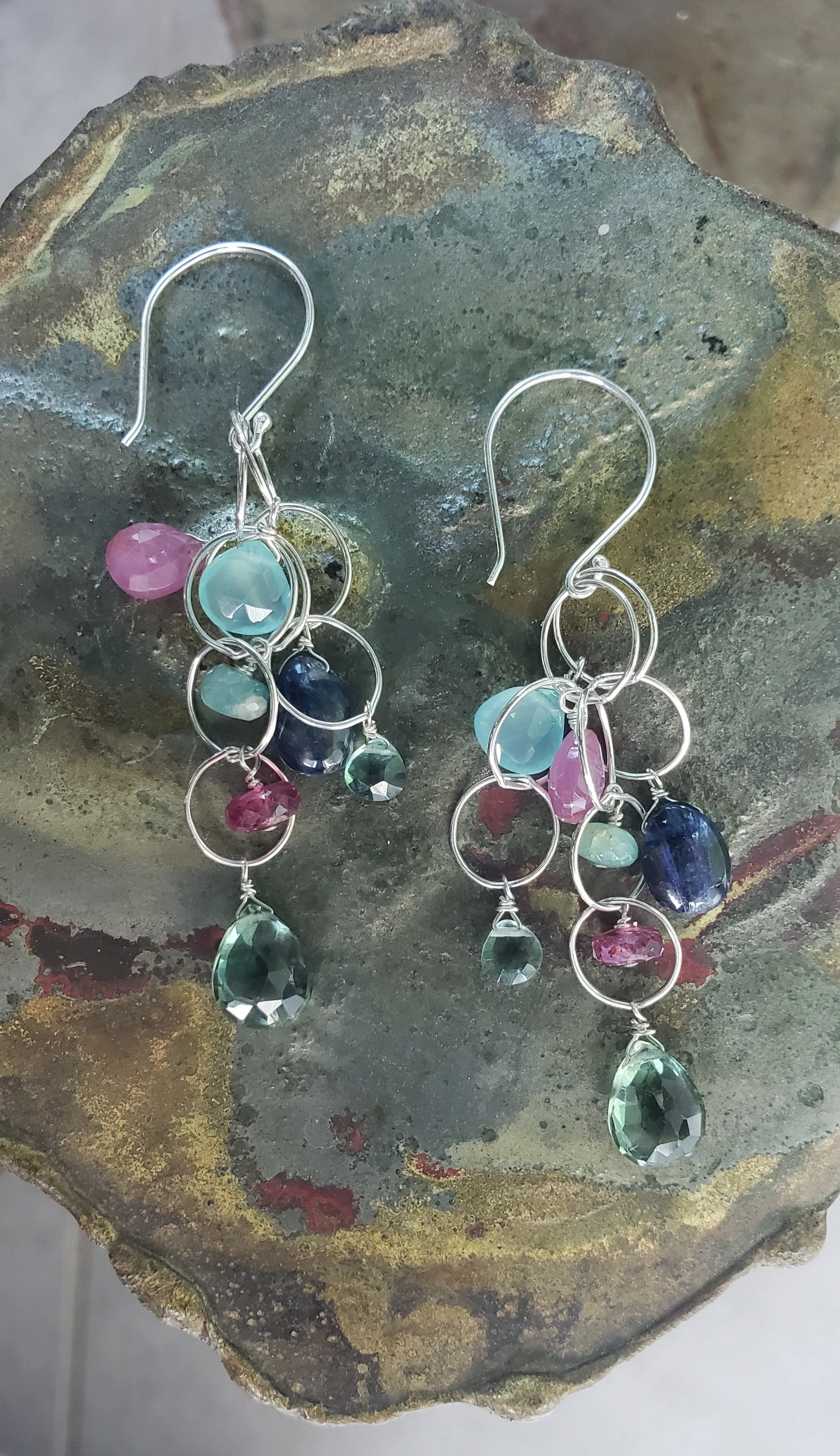 AVF Silver Green Quartz, Kyanite, Pink Sapphire, Chalcedony, Grandidierite Long Dangle Earrings (SI3777)