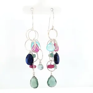 AVF Silver Green Quartz, Kyanite, Pink Sapphire, Chalcedony, Grandidierite Long Dangle Earrings (SI3777)
