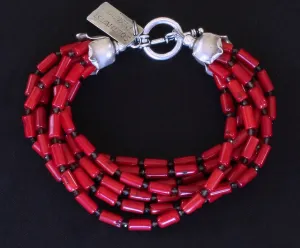 Bamboo Coral Cylinder Bead 7-Strand Bracelet with Smoky Quartz Rounds and Sterling Silver Flower Caps & Toggle Clasp