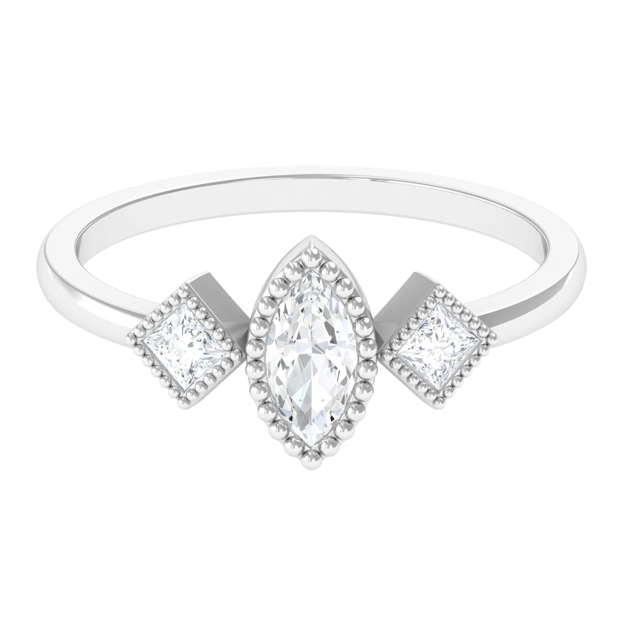 Beaded Bezel Set Zircon Three Stone Engagement Ring
