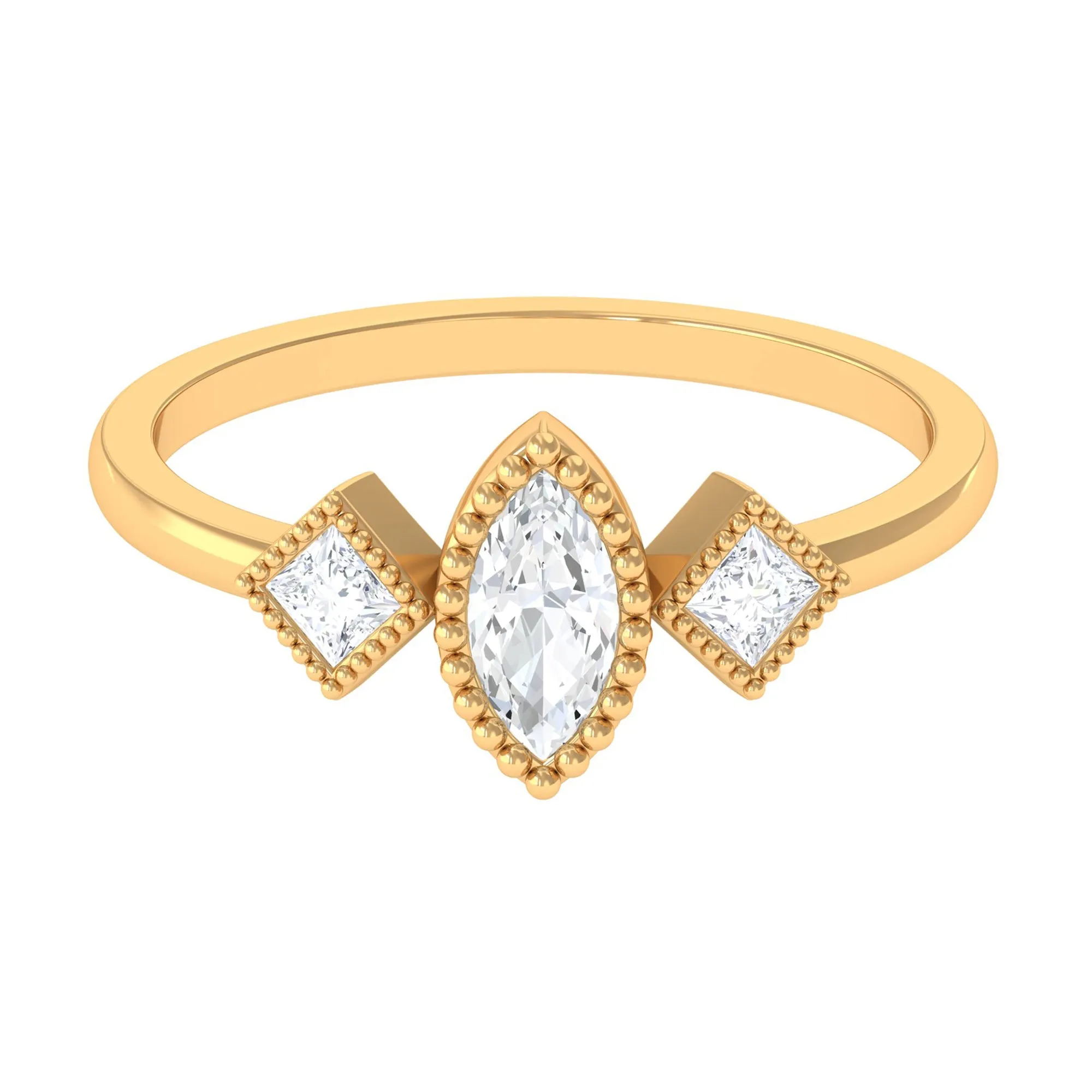 Beaded Bezel Set Zircon Three Stone Engagement Ring