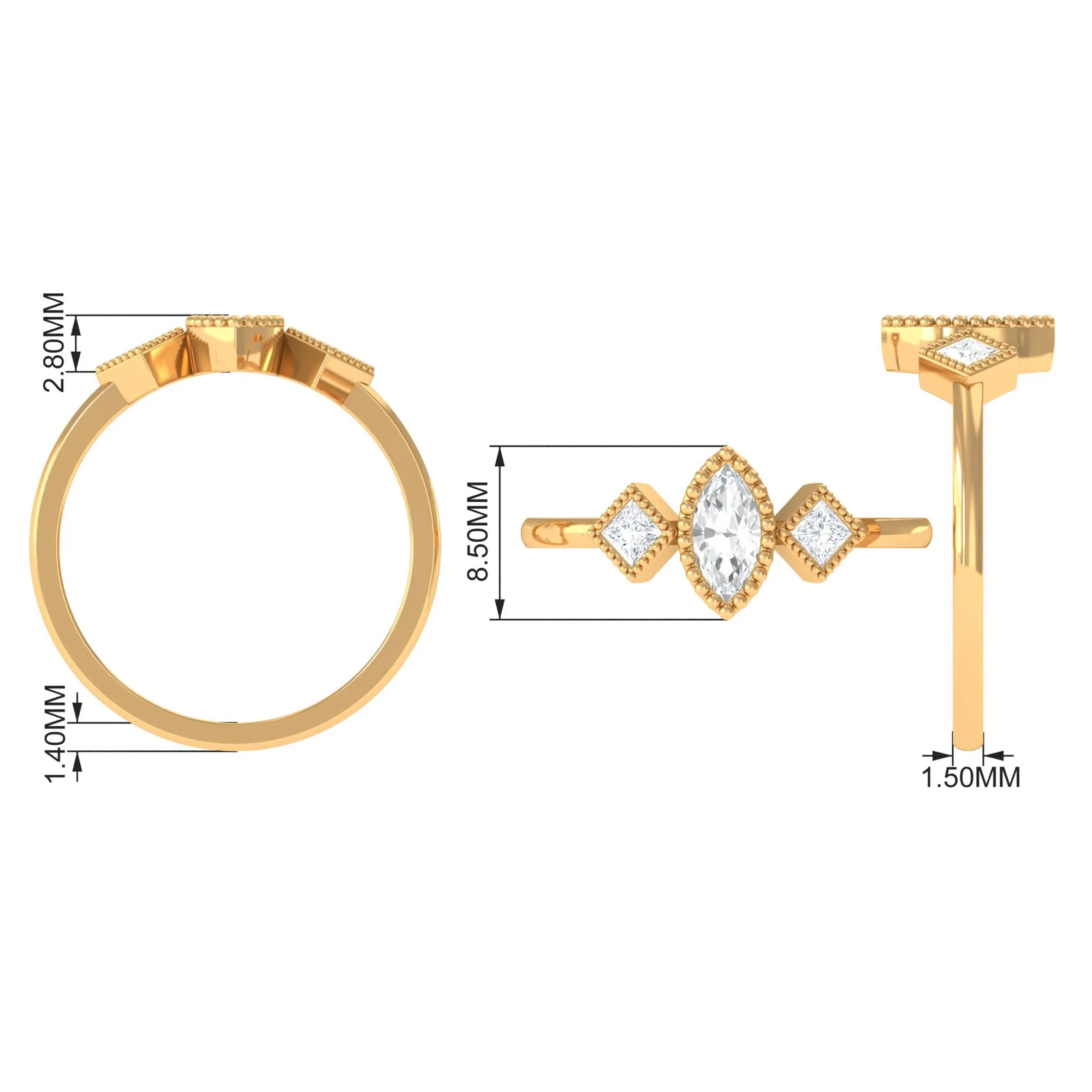 Beaded Bezel Set Zircon Three Stone Engagement Ring