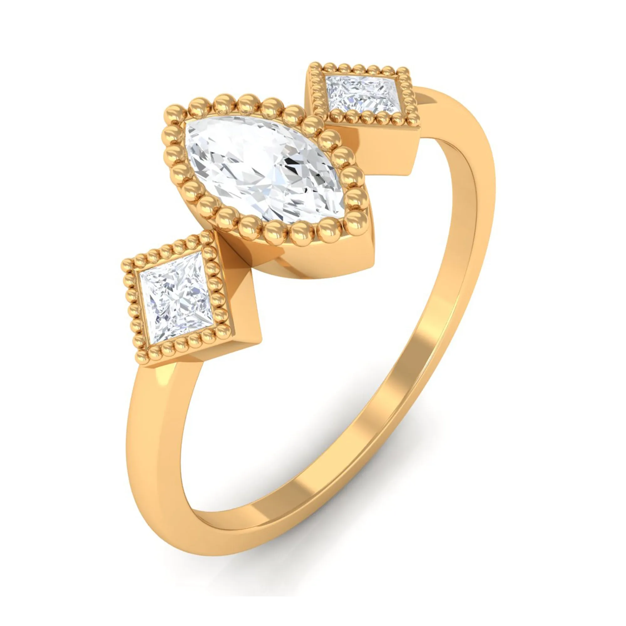 Beaded Bezel Set Zircon Three Stone Engagement Ring