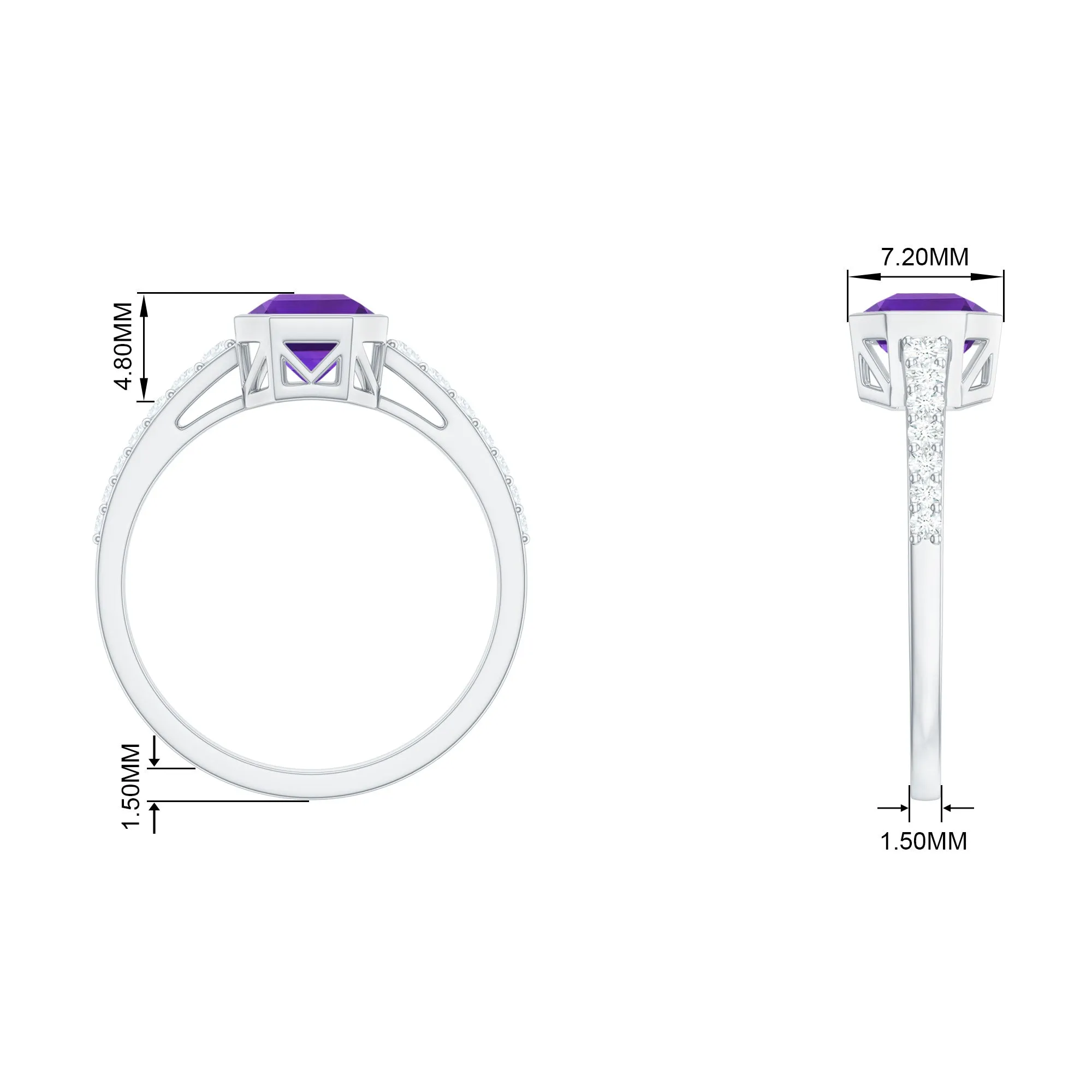 Bezel Asscher Amethyst Solitaire Ring with Diamond Side Stones