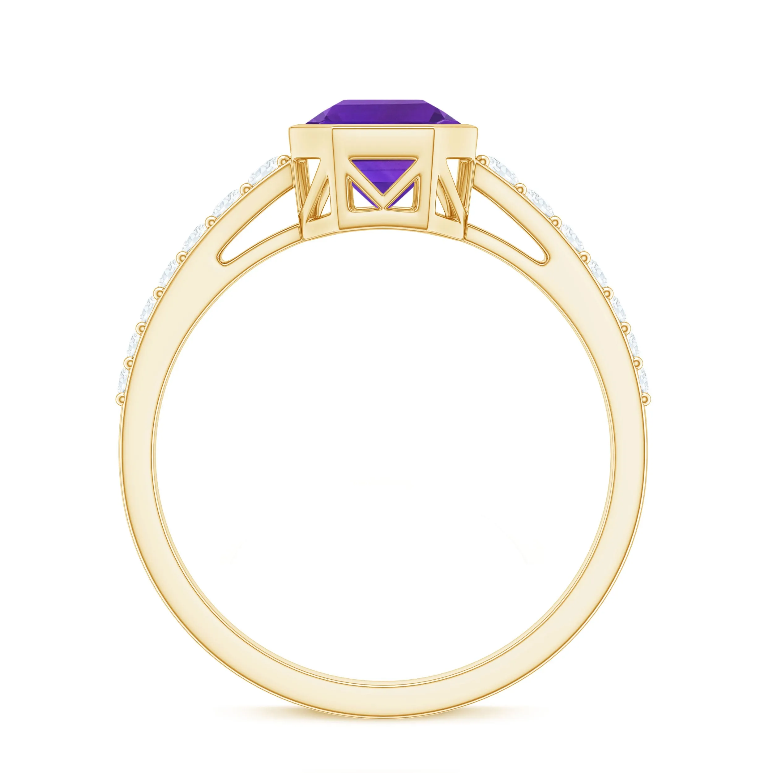 Bezel Asscher Amethyst Solitaire Ring with Diamond Side Stones