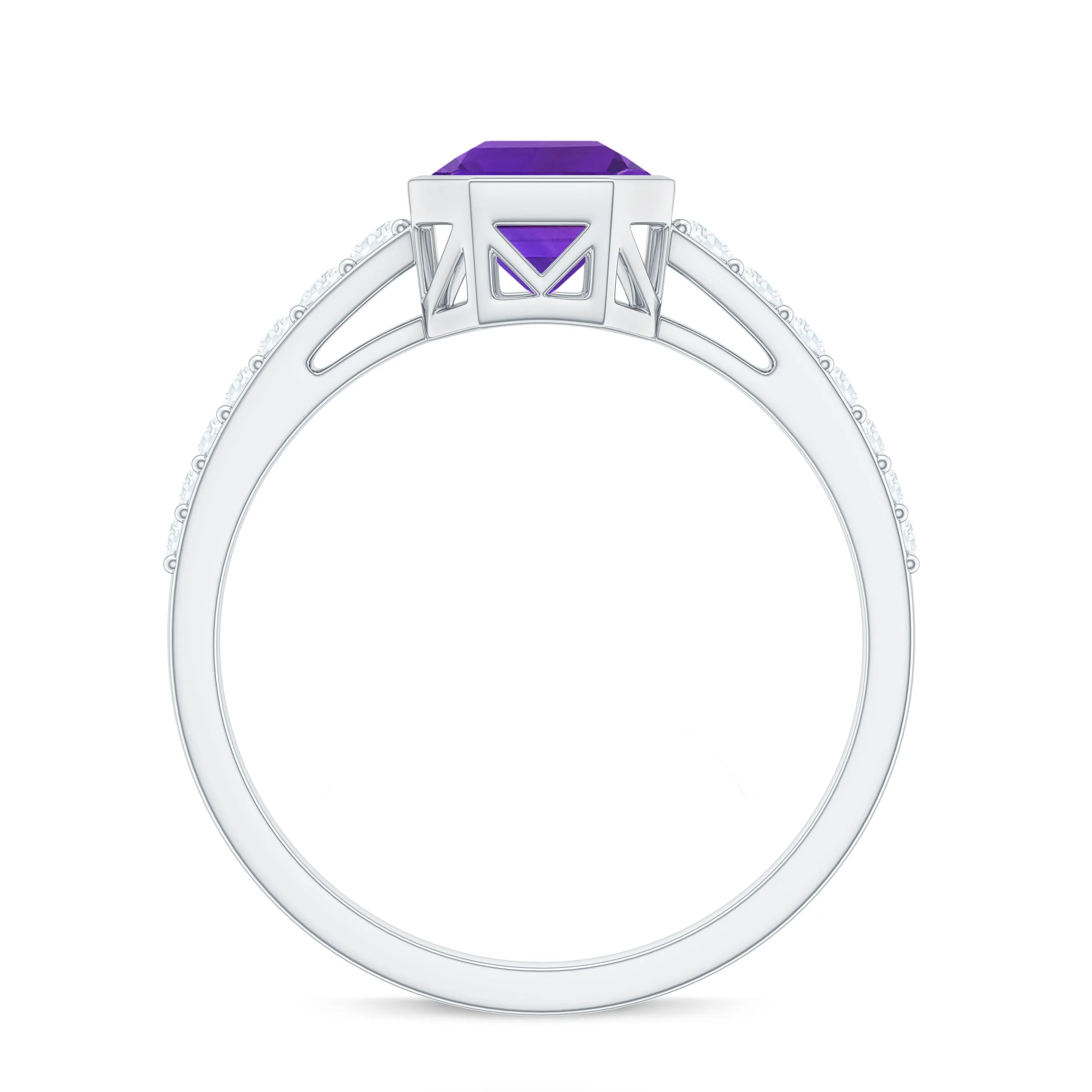 Bezel Asscher Amethyst Solitaire Ring with Diamond Side Stones