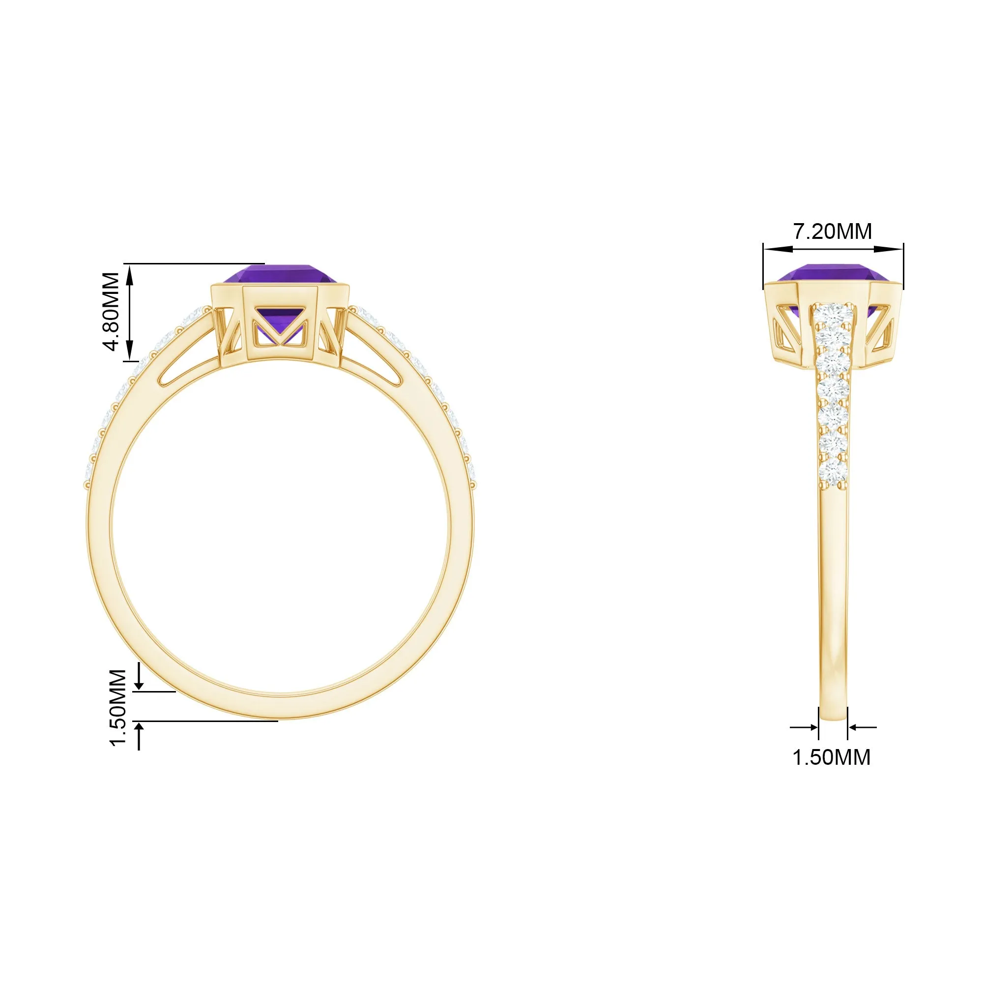 Bezel Asscher Amethyst Solitaire Ring with Diamond Side Stones