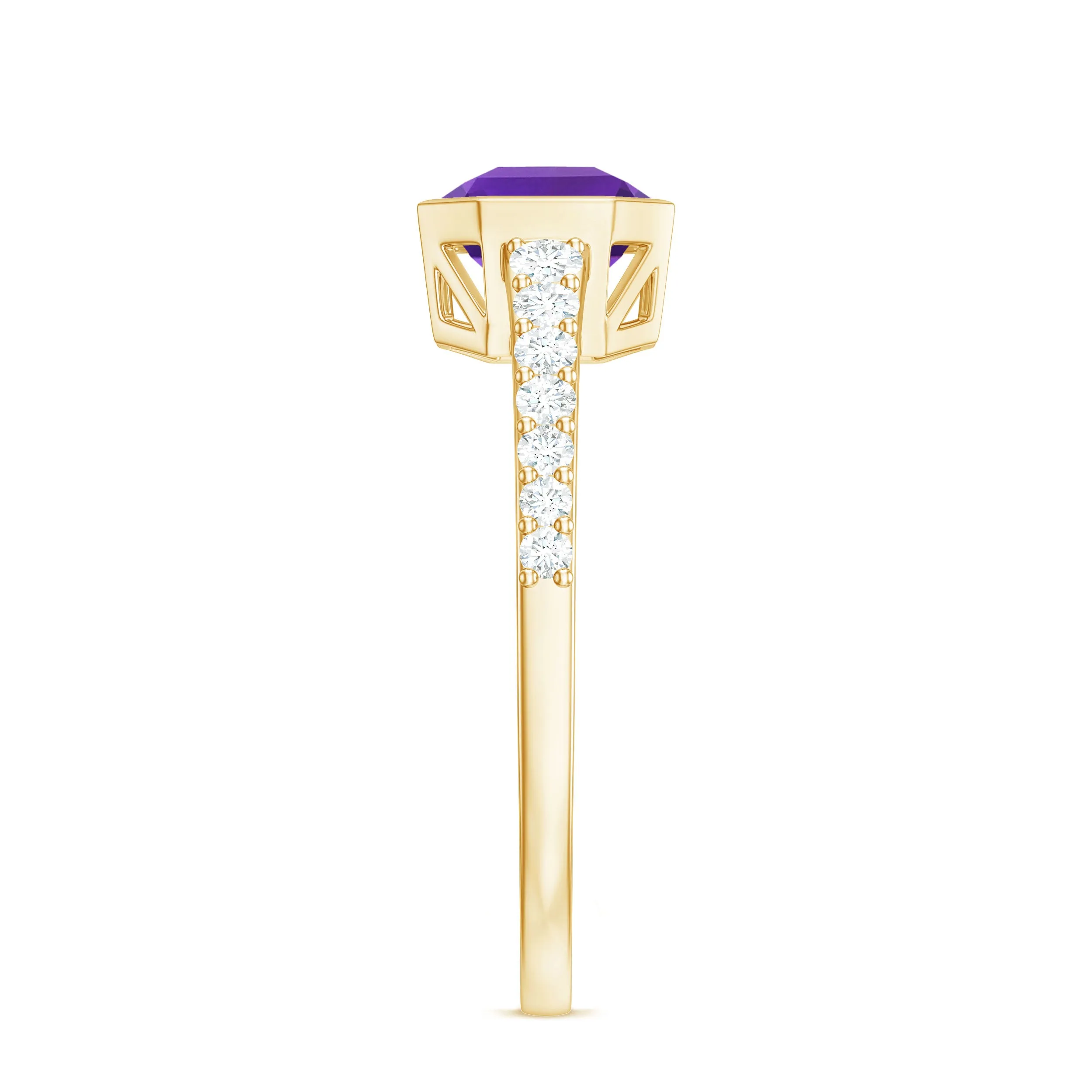 Bezel Asscher Amethyst Solitaire Ring with Diamond Side Stones