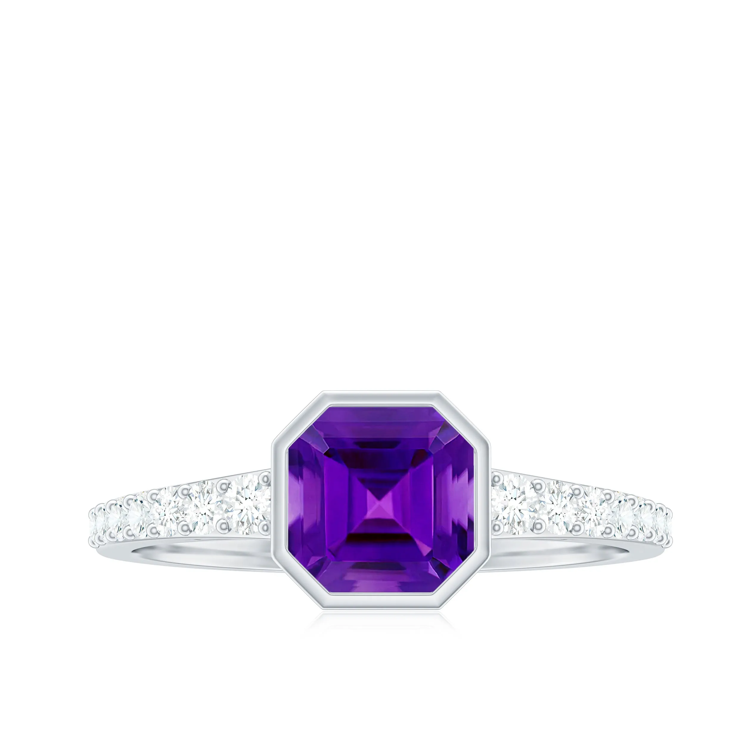 Bezel Asscher Amethyst Solitaire Ring with Diamond Side Stones