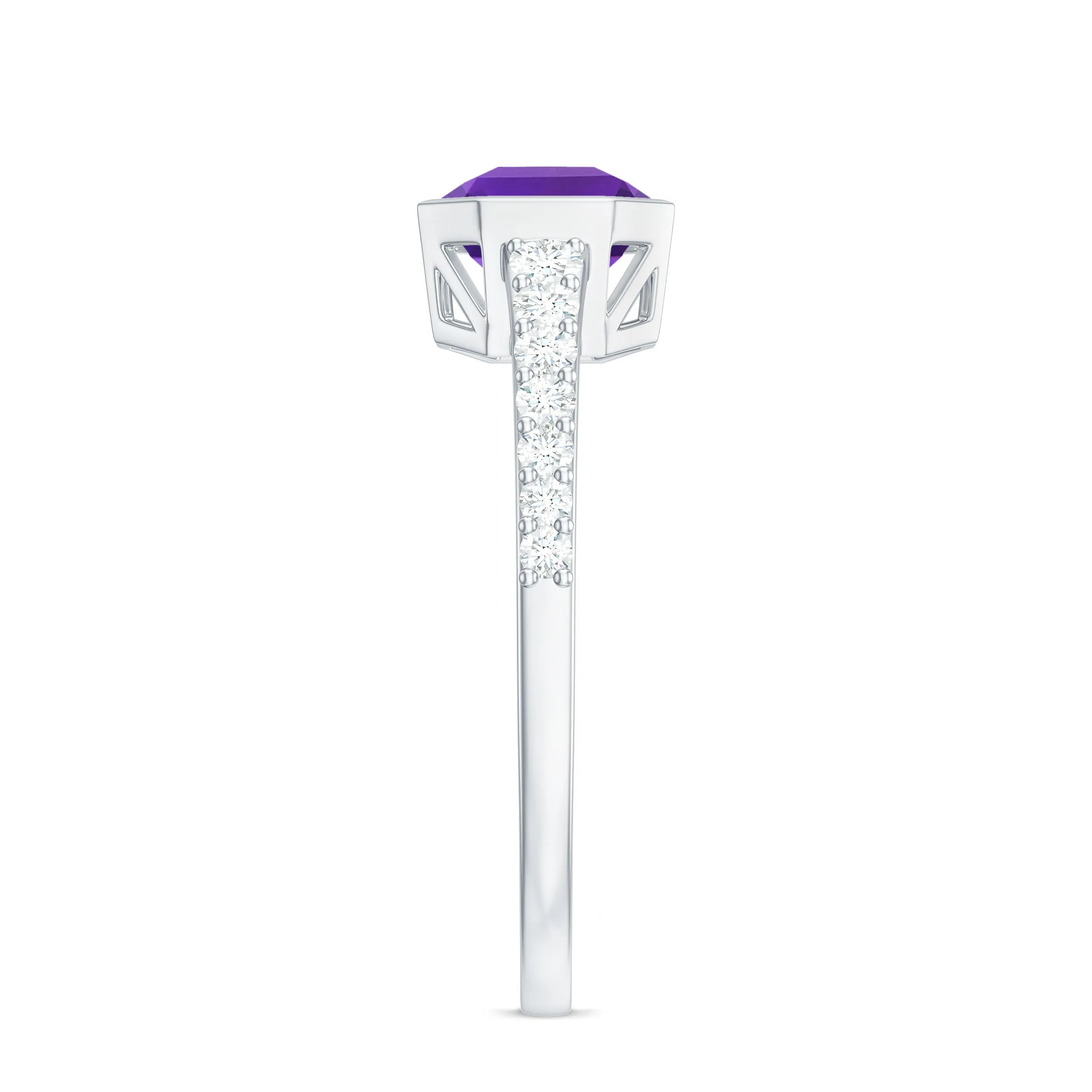 Bezel Asscher Amethyst Solitaire Ring with Diamond Side Stones