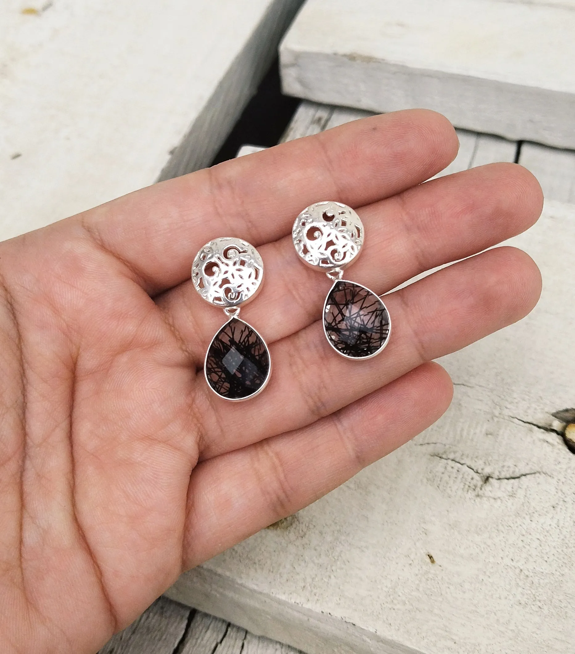 Black Rutilated Quartz Earrings, Silver Filigree Gemstone Jewelry For Her