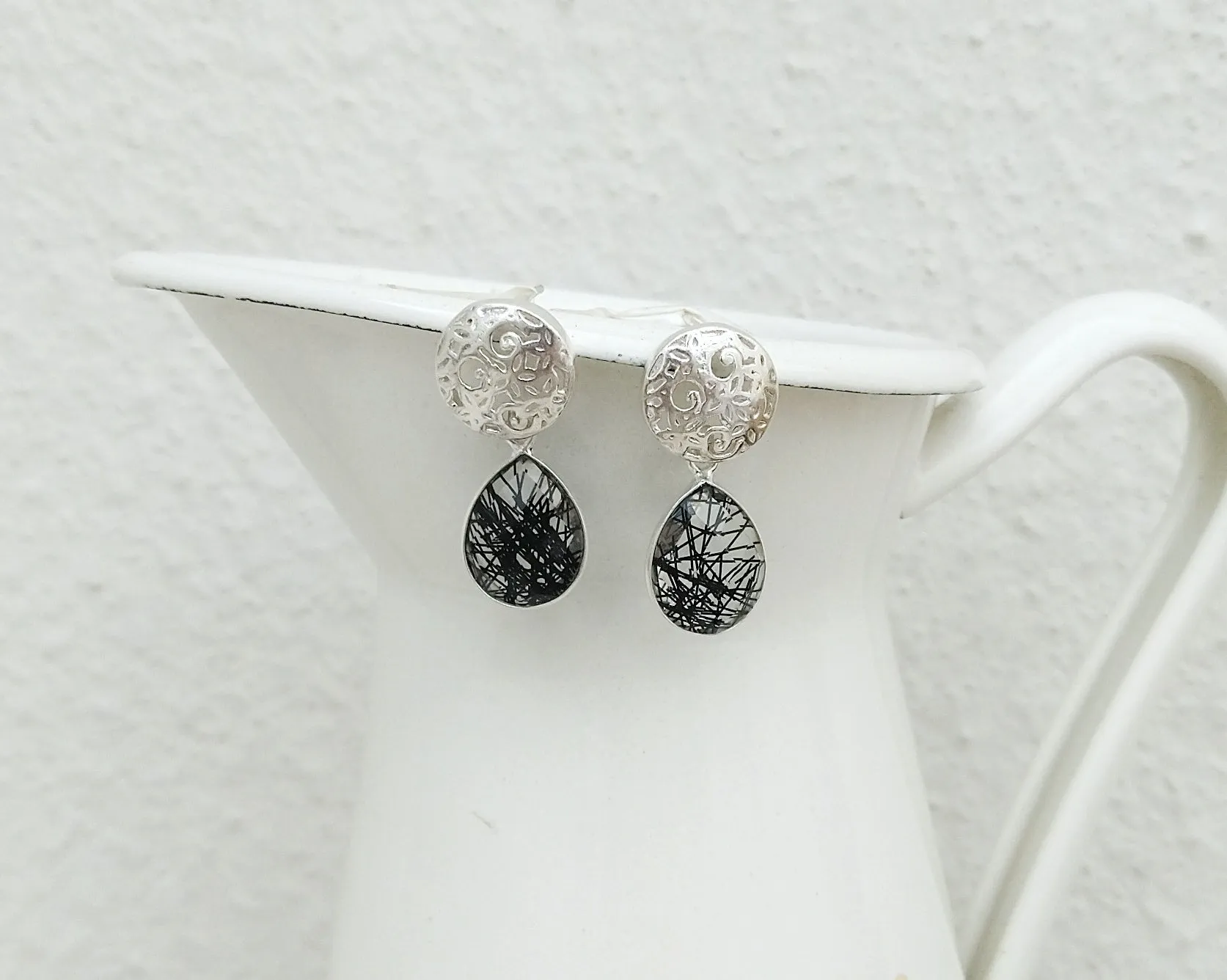 Black Rutilated Quartz Earrings, Silver Filigree Gemstone Jewelry For Her
