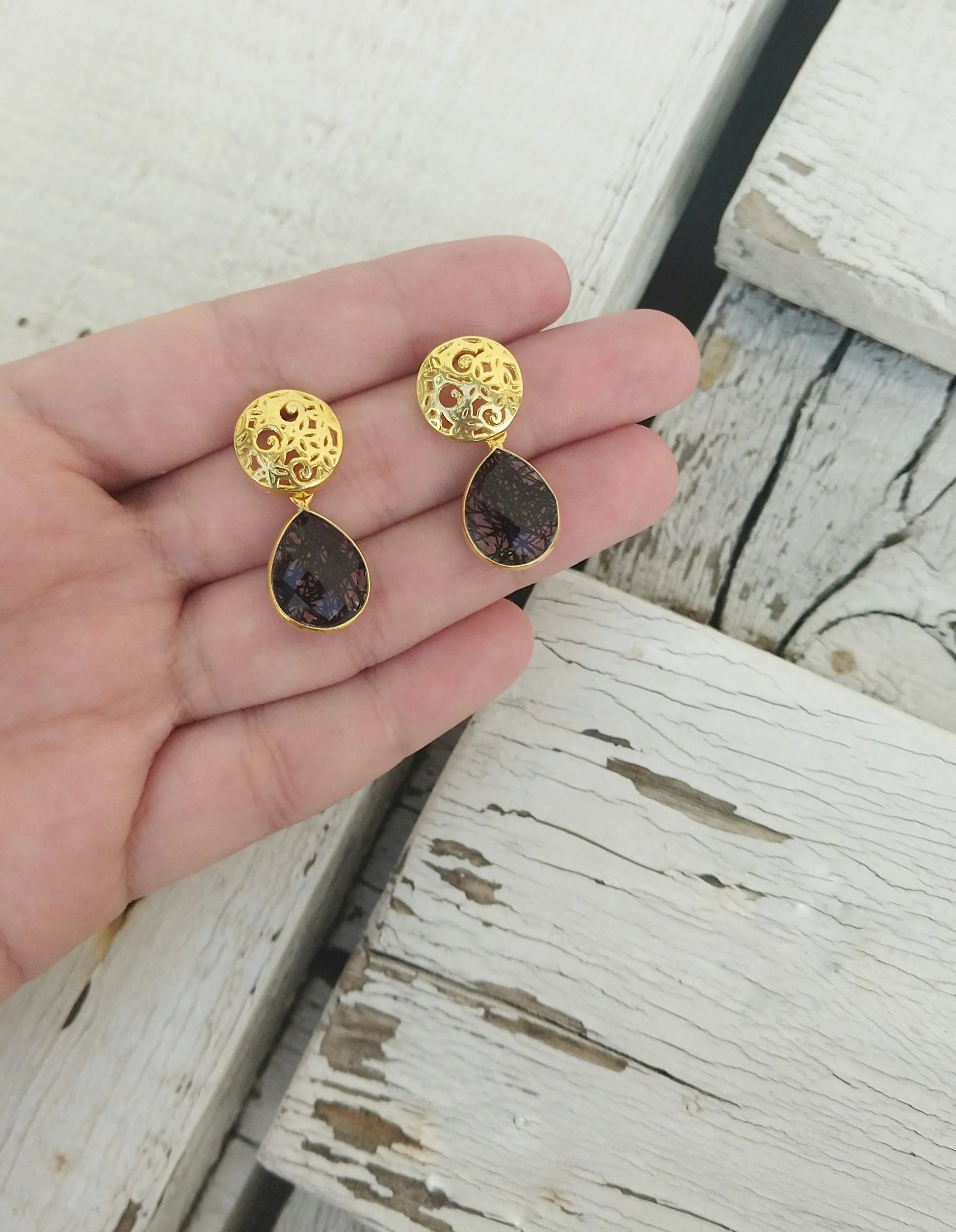 Black Rutilated Quartz Earrings, Silver Filigree Gemstone Jewelry For Her