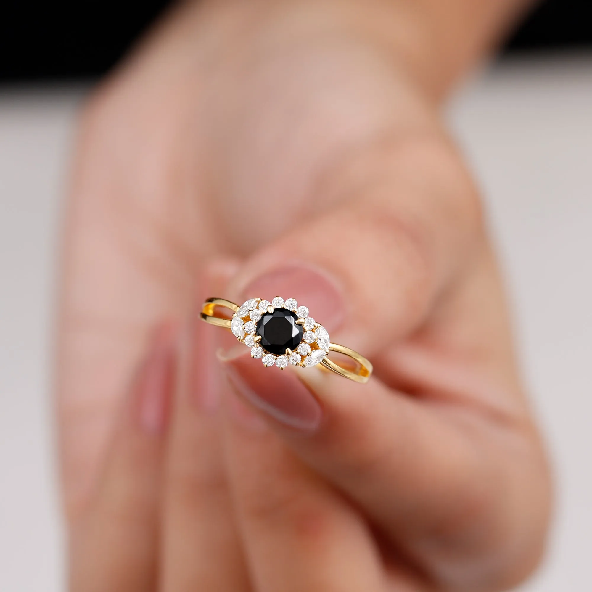 Black Spinel and Diamond Flower Engagement Ring with Split Shank