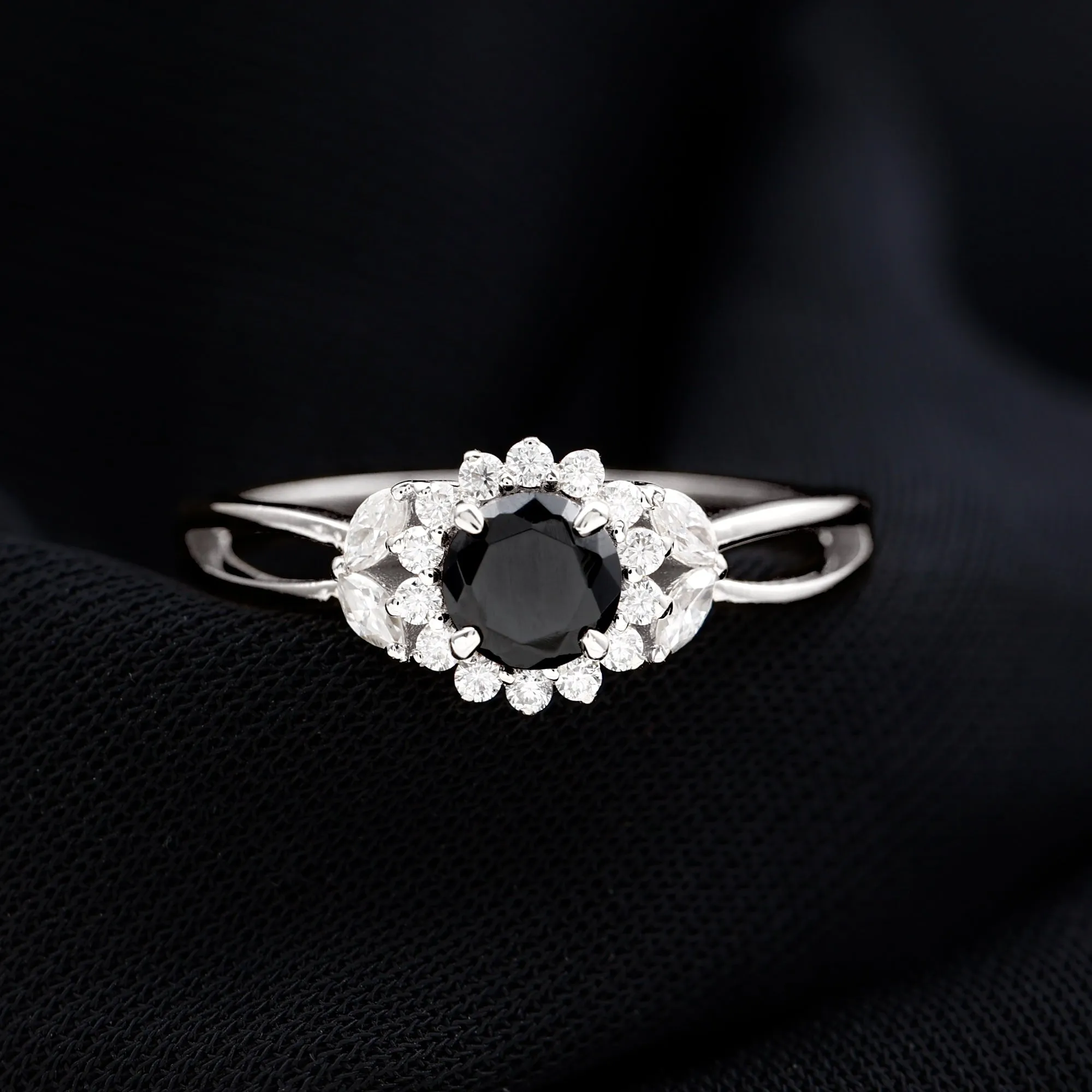 Black Spinel and Diamond Flower Engagement Ring with Split Shank