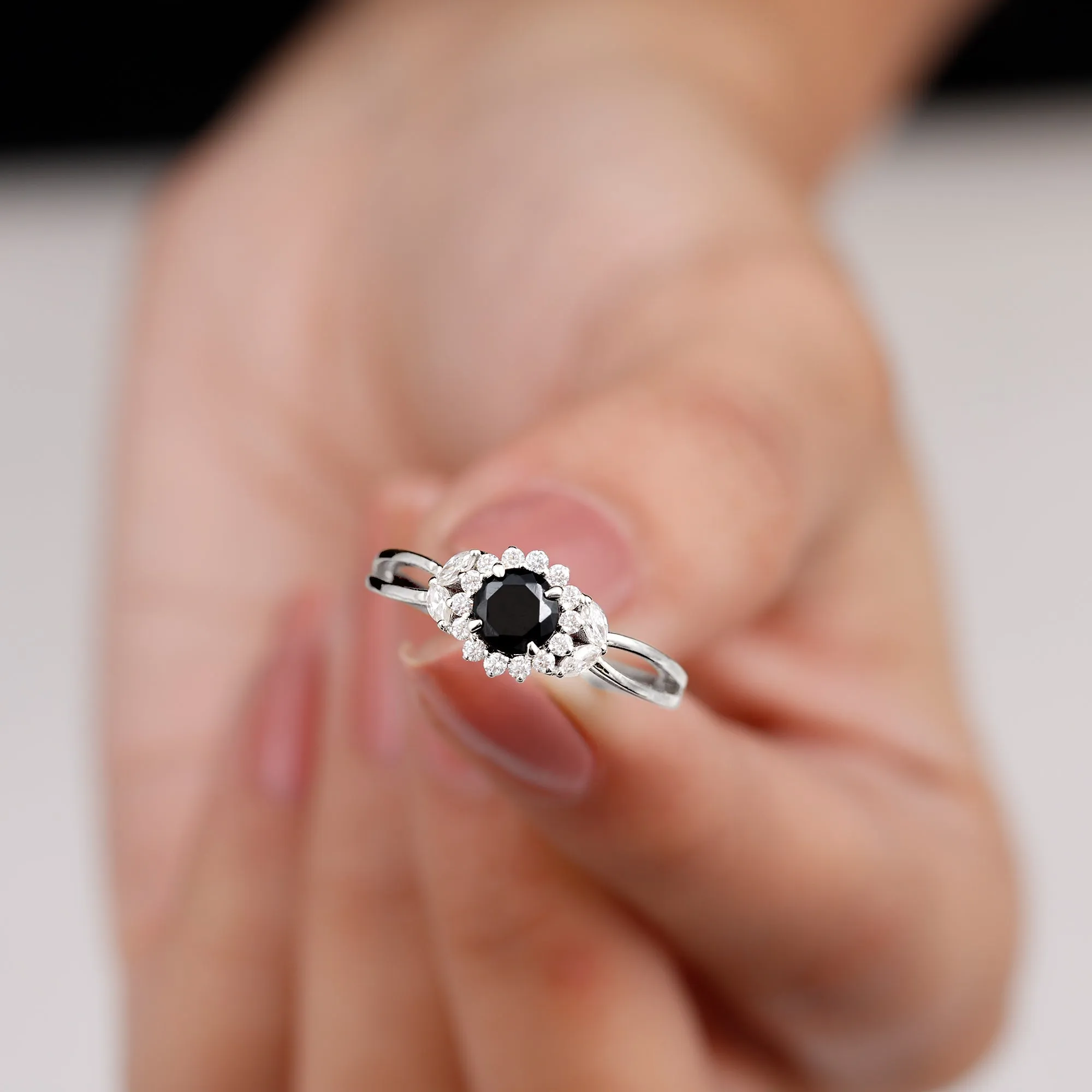 Black Spinel and Diamond Flower Engagement Ring with Split Shank