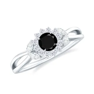 Black Spinel and Diamond Flower Engagement Ring with Split Shank