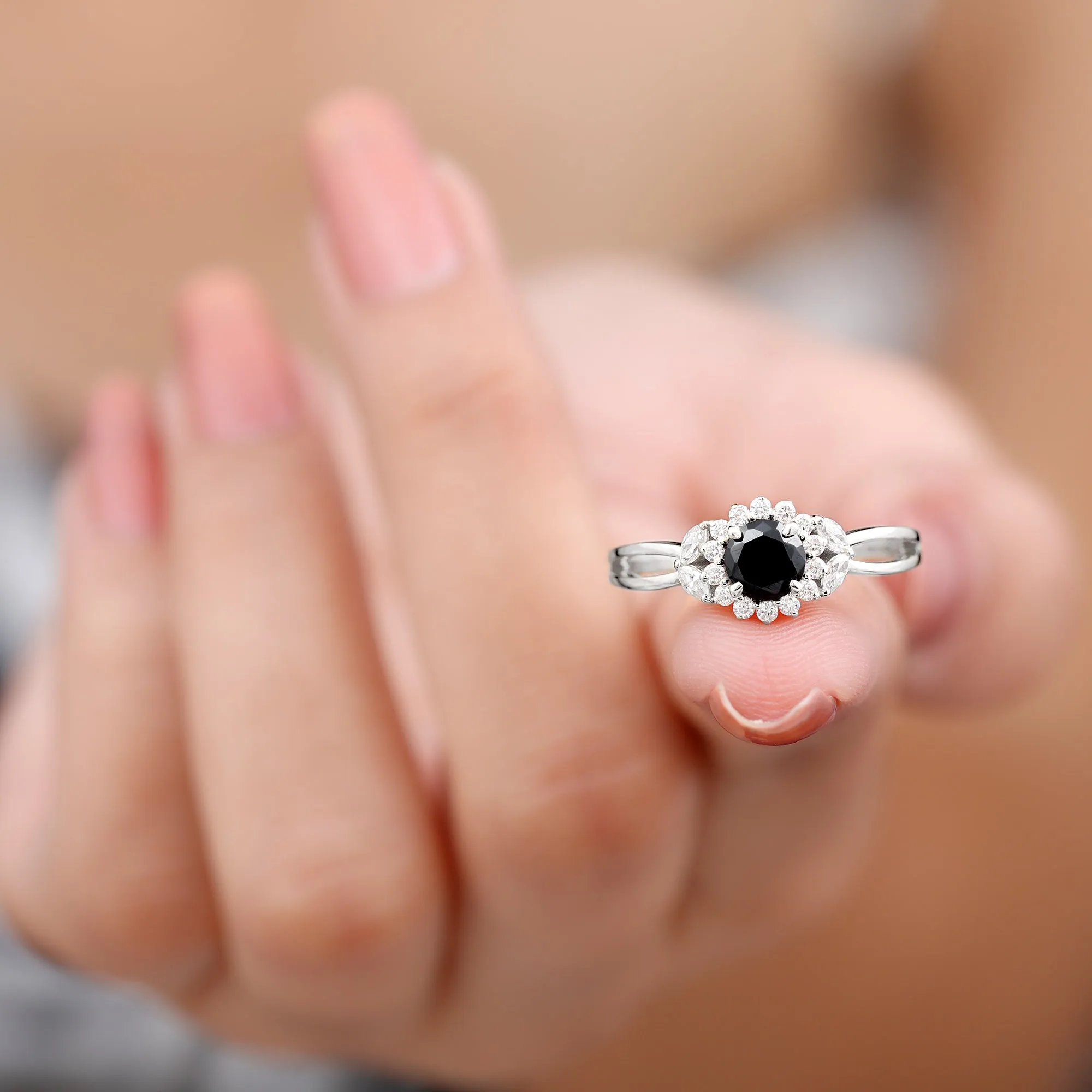 Black Spinel and Diamond Flower Engagement Ring with Split Shank