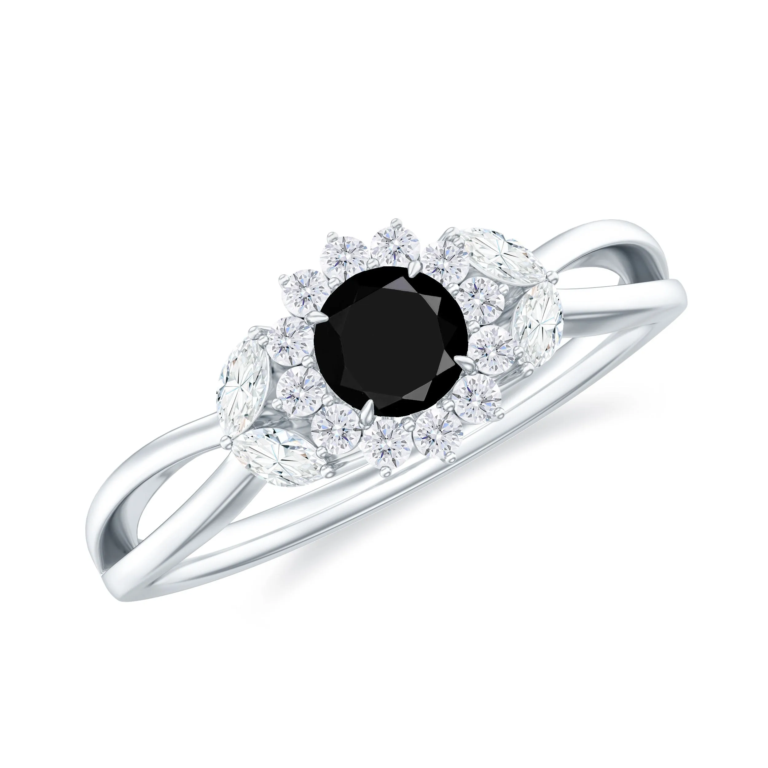 Black Spinel and Diamond Flower Engagement Ring with Split Shank