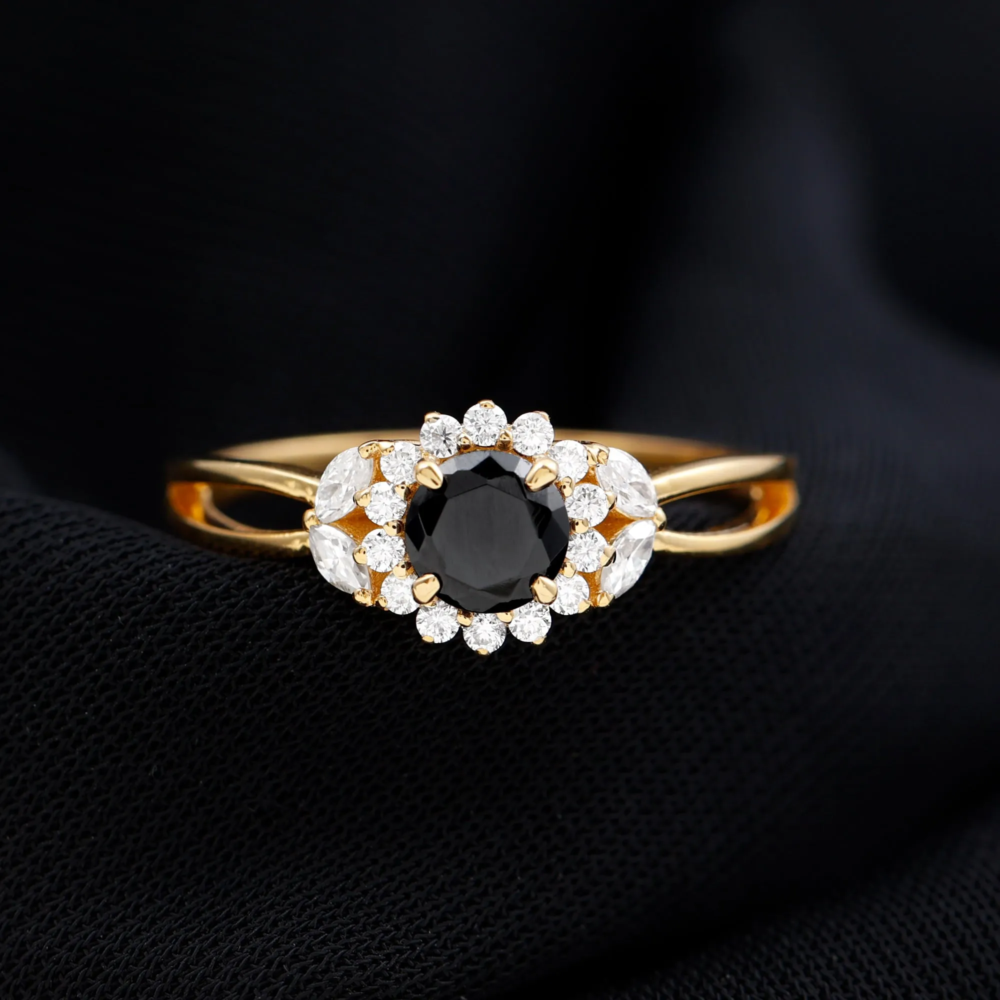Black Spinel and Diamond Flower Engagement Ring with Split Shank