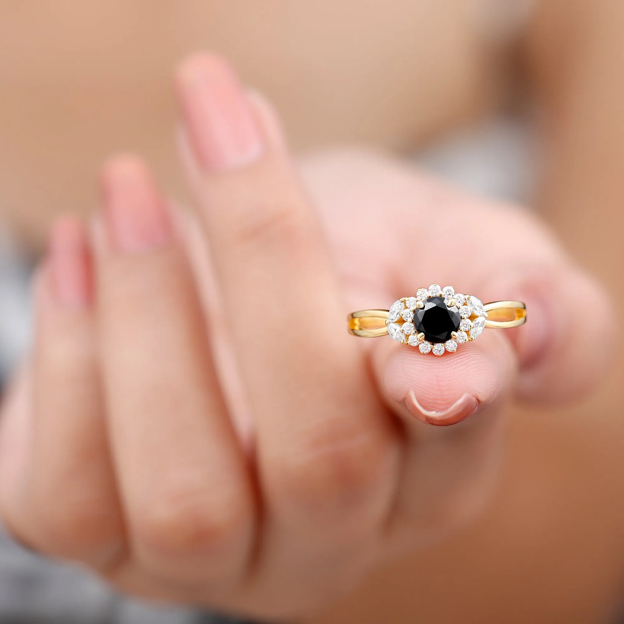 Black Spinel and Diamond Flower Engagement Ring with Split Shank