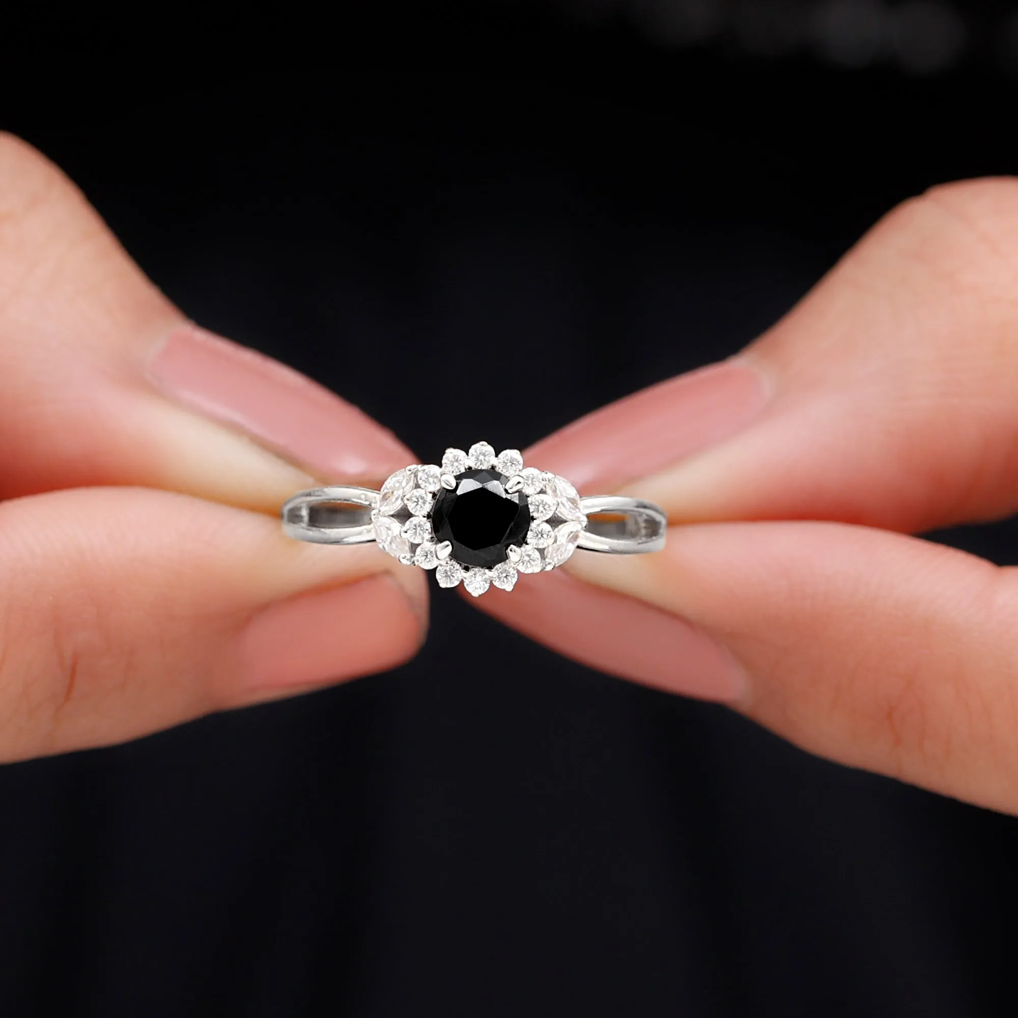 Black Spinel and Diamond Flower Engagement Ring with Split Shank