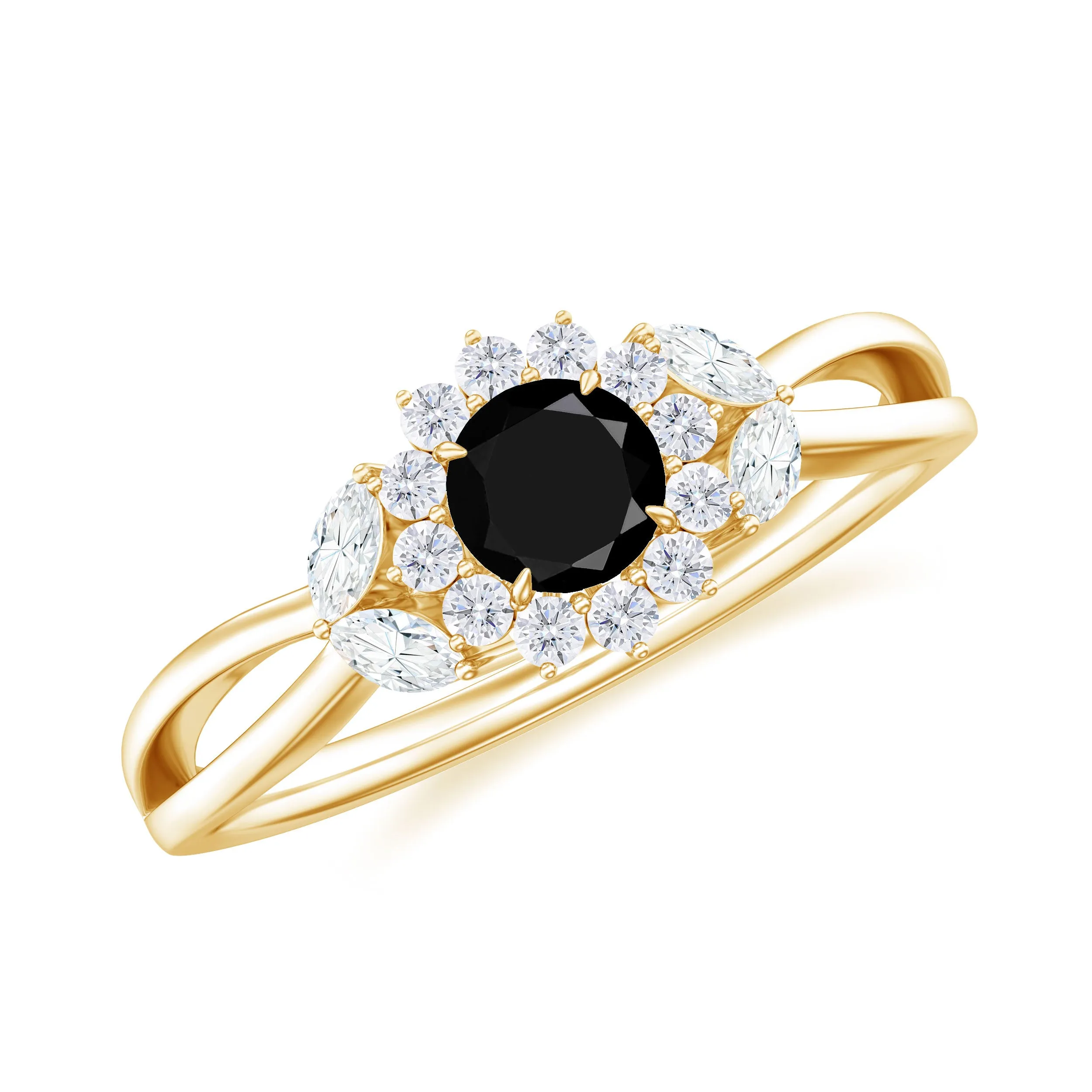 Black Spinel and Diamond Flower Engagement Ring with Split Shank