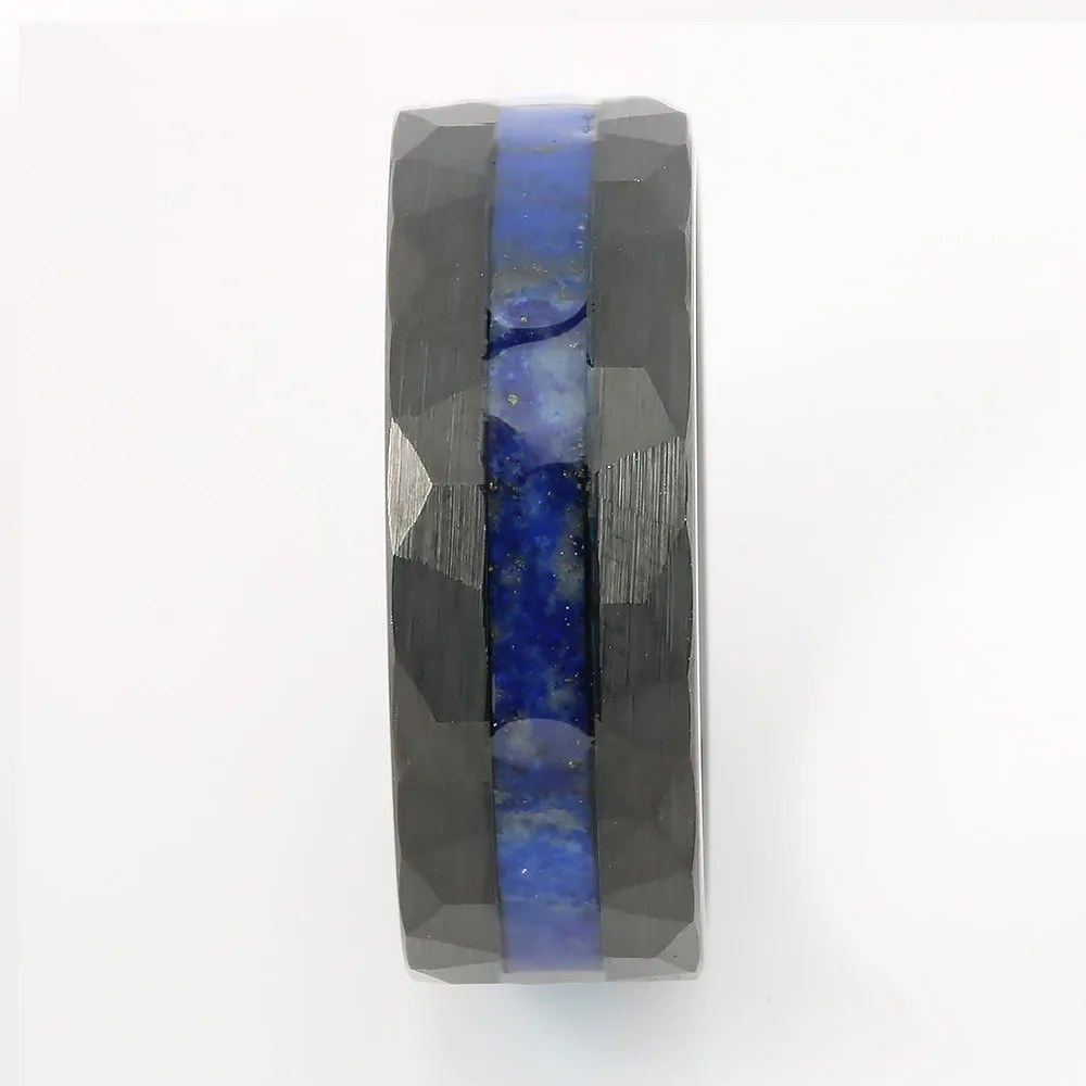 Black Tungsten Lapis Lazuli Inlaid Diamond Cut Flat Wedding Ring 8mm