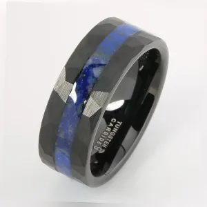 Black Tungsten Lapis Lazuli Inlaid Diamond Cut Flat Wedding Ring 8mm