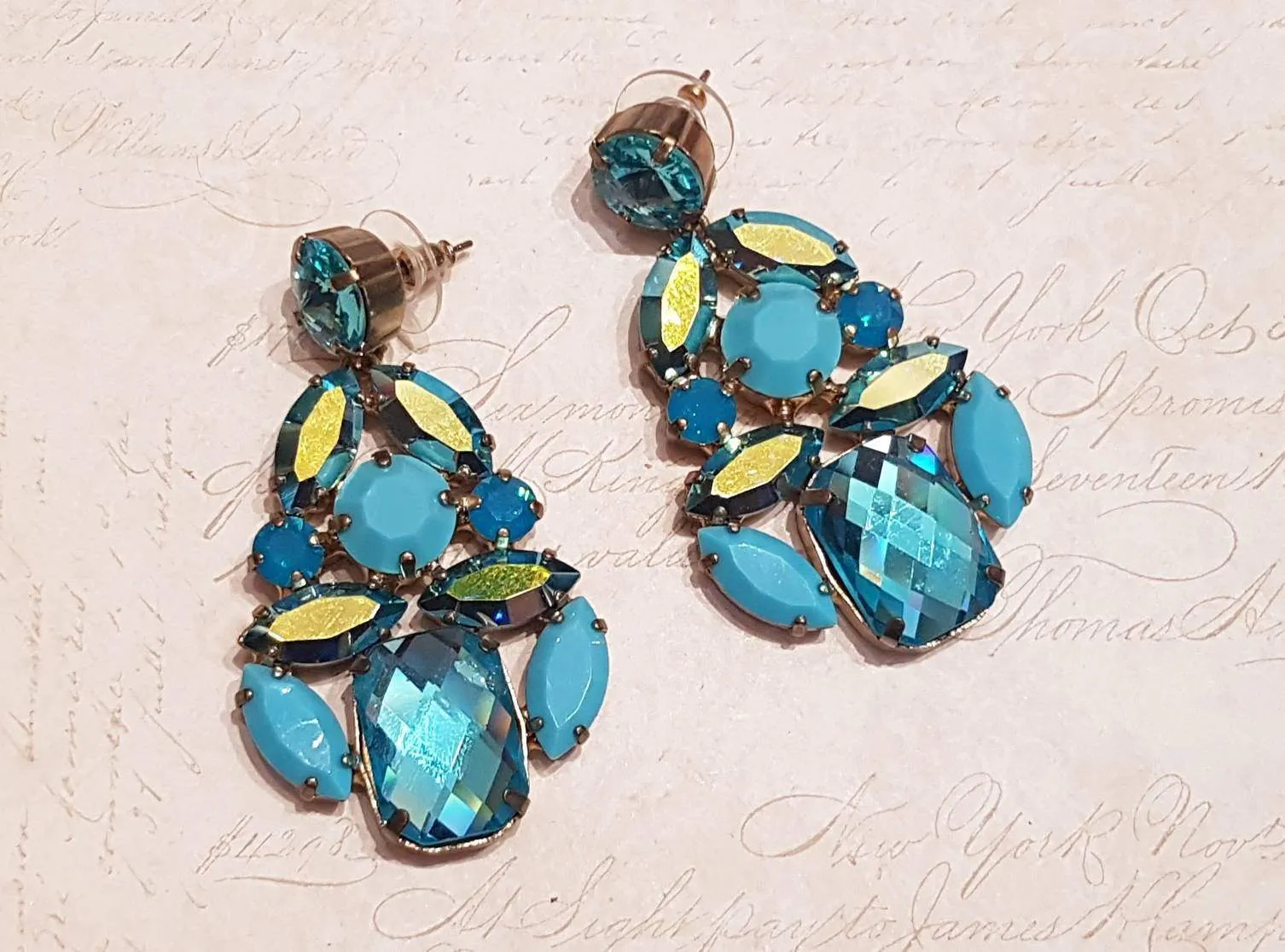 Blue Glass Crystal Chandelier Earrings Pierced by Frangos