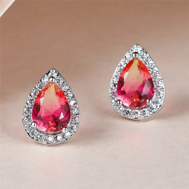 Blue Green Zircon Water Drop Teardrop Crystal Stud Earrings For Women Wedding Jewelry