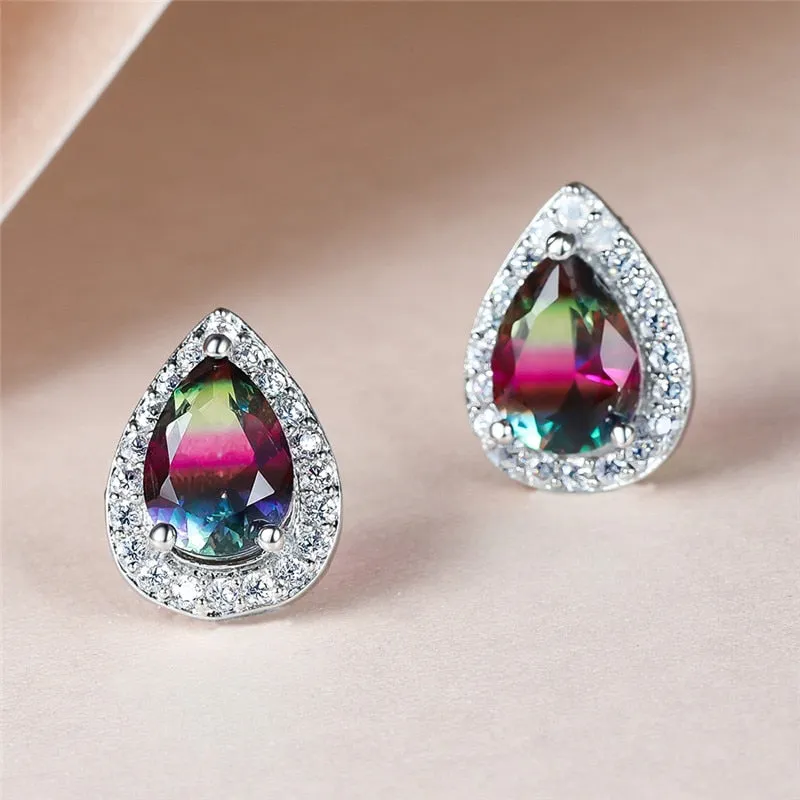 Blue Green Zircon Water Drop Teardrop Crystal Stud Earrings For Women Wedding Jewelry