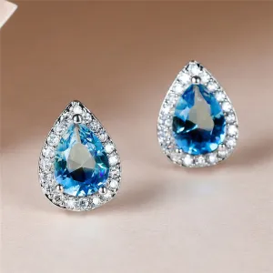 Blue Green Zircon Water Drop Teardrop Crystal Stud Earrings For Women Wedding Jewelry