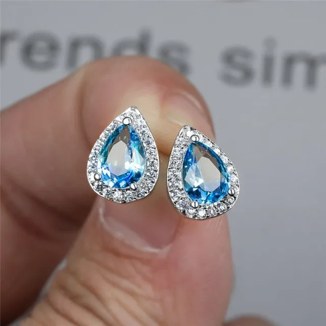 Blue Green Zircon Water Drop Teardrop Crystal Stud Earrings For Women Wedding Jewelry