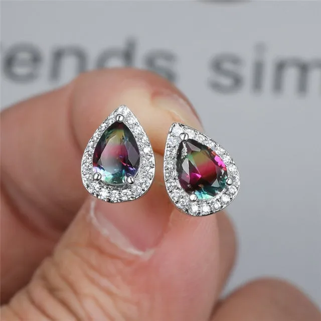 Blue Green Zircon Water Drop Teardrop Crystal Stud Earrings For Women Wedding Jewelry