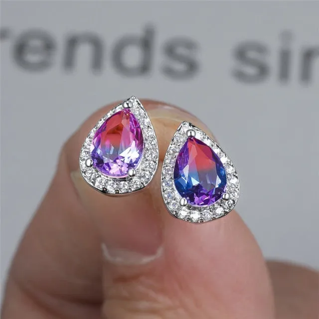 Blue Green Zircon Water Drop Teardrop Crystal Stud Earrings For Women Wedding Jewelry