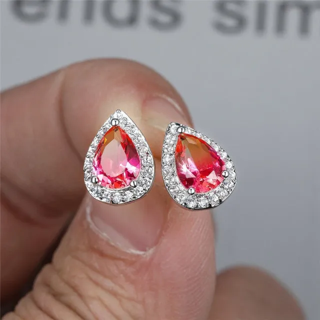 Blue Green Zircon Water Drop Teardrop Crystal Stud Earrings For Women Wedding Jewelry