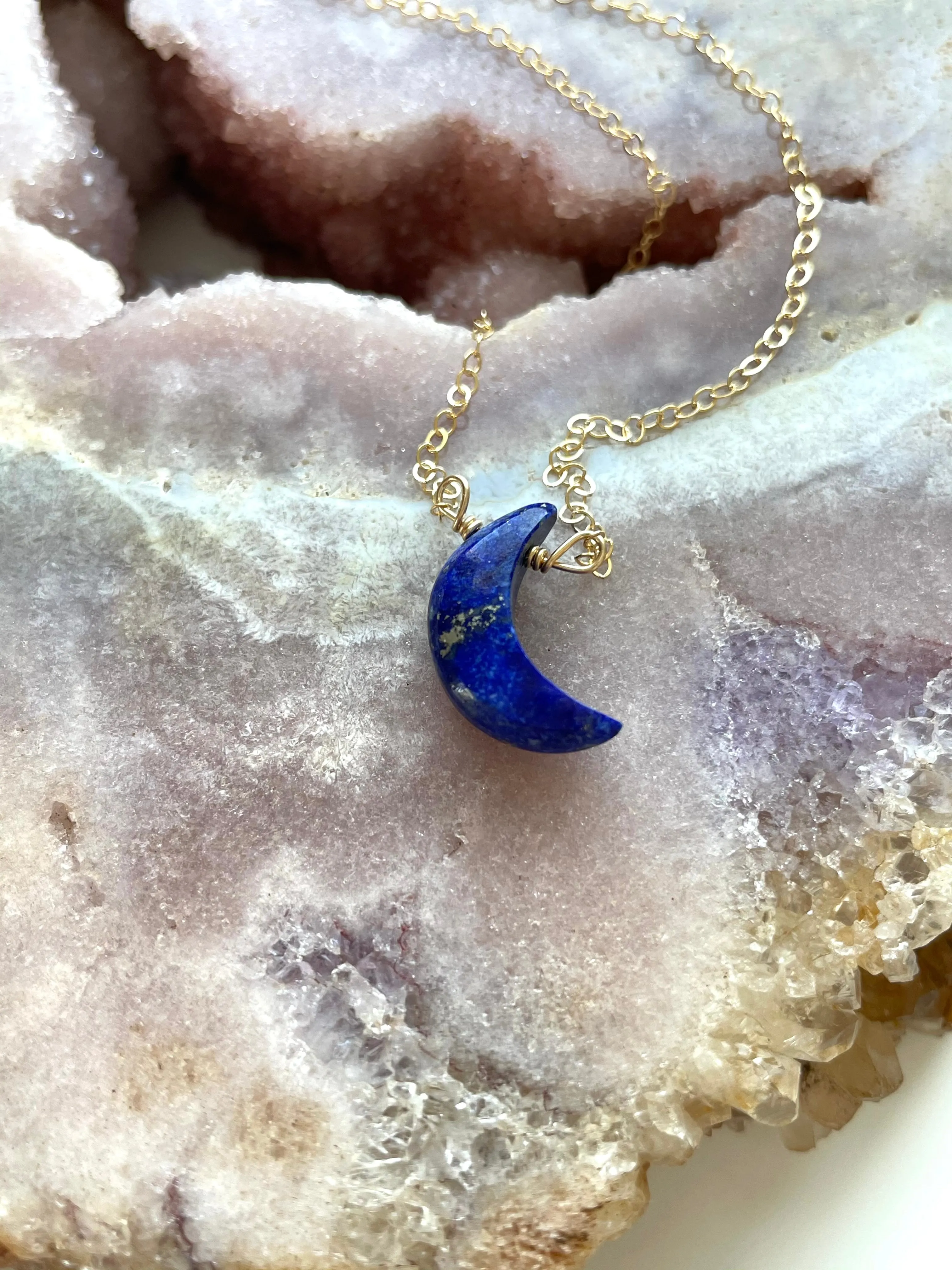 Blue Lapis Lazuli Crescent Moon Necklace  - Gold Necklace - Gemstone Necklace  - Lapis Lazuli Crystal Jewelry  - Raw Stone Necklace