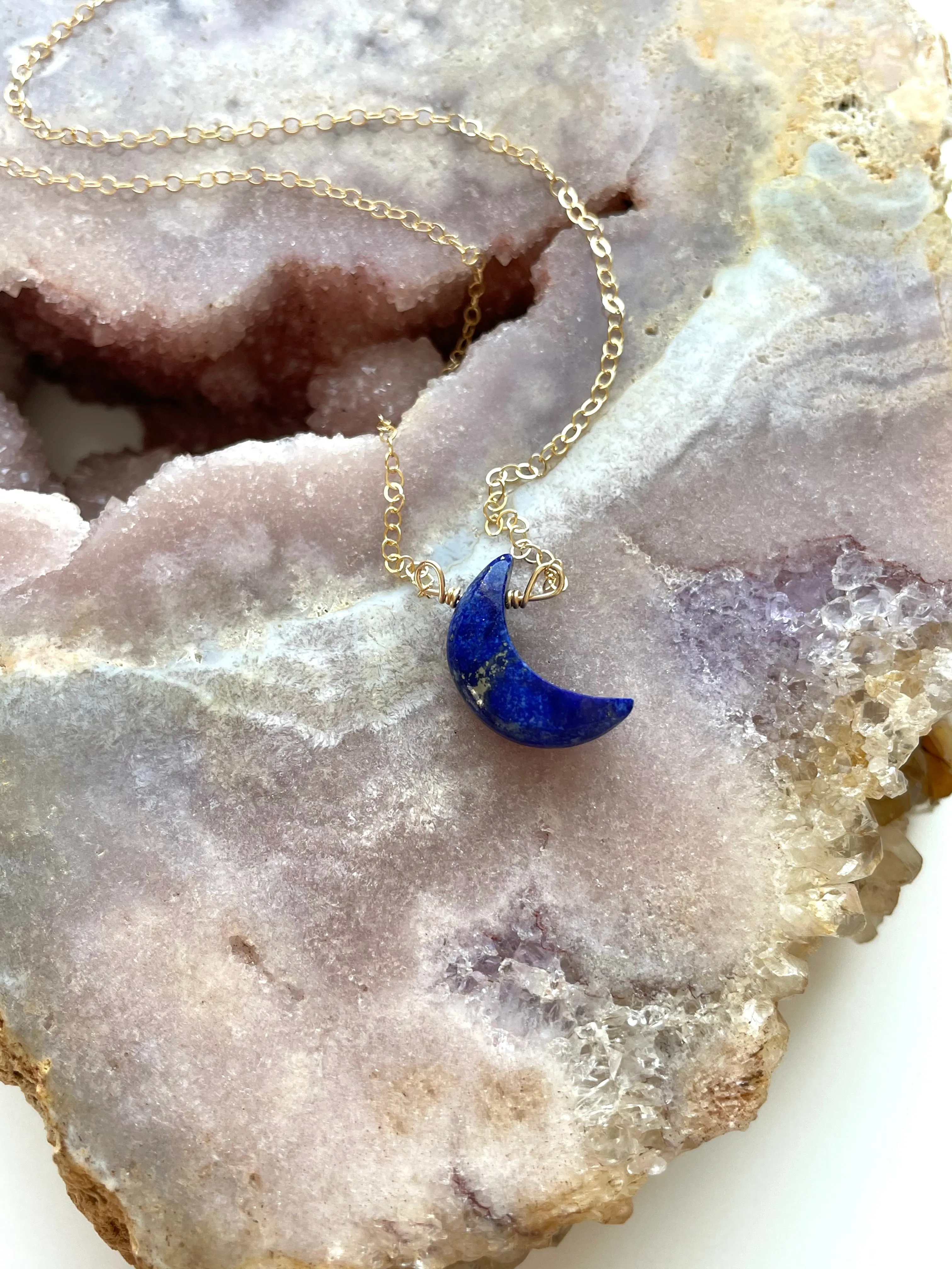 Blue Lapis Lazuli Crescent Moon Necklace  - Gold Necklace - Gemstone Necklace  - Lapis Lazuli Crystal Jewelry  - Raw Stone Necklace