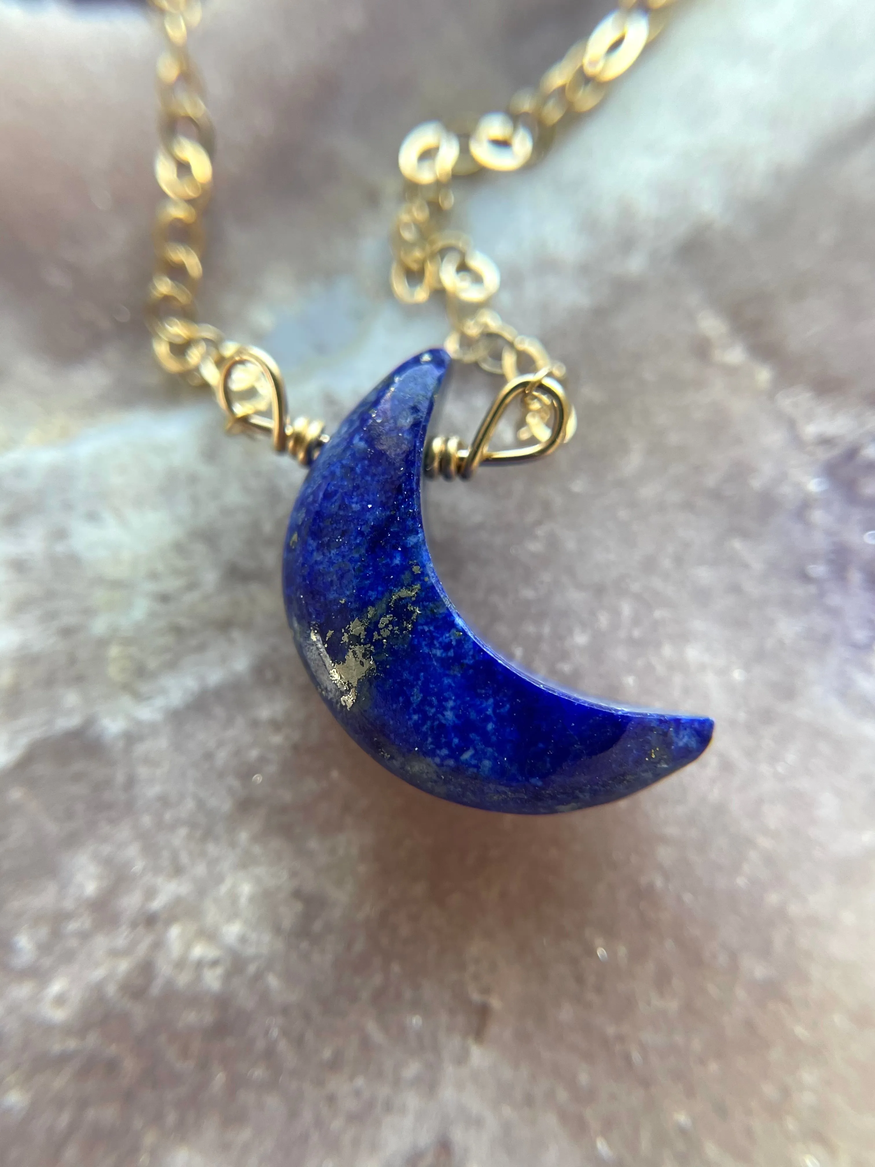 Blue Lapis Lazuli Crescent Moon Necklace  - Gold Necklace - Gemstone Necklace  - Lapis Lazuli Crystal Jewelry  - Raw Stone Necklace
