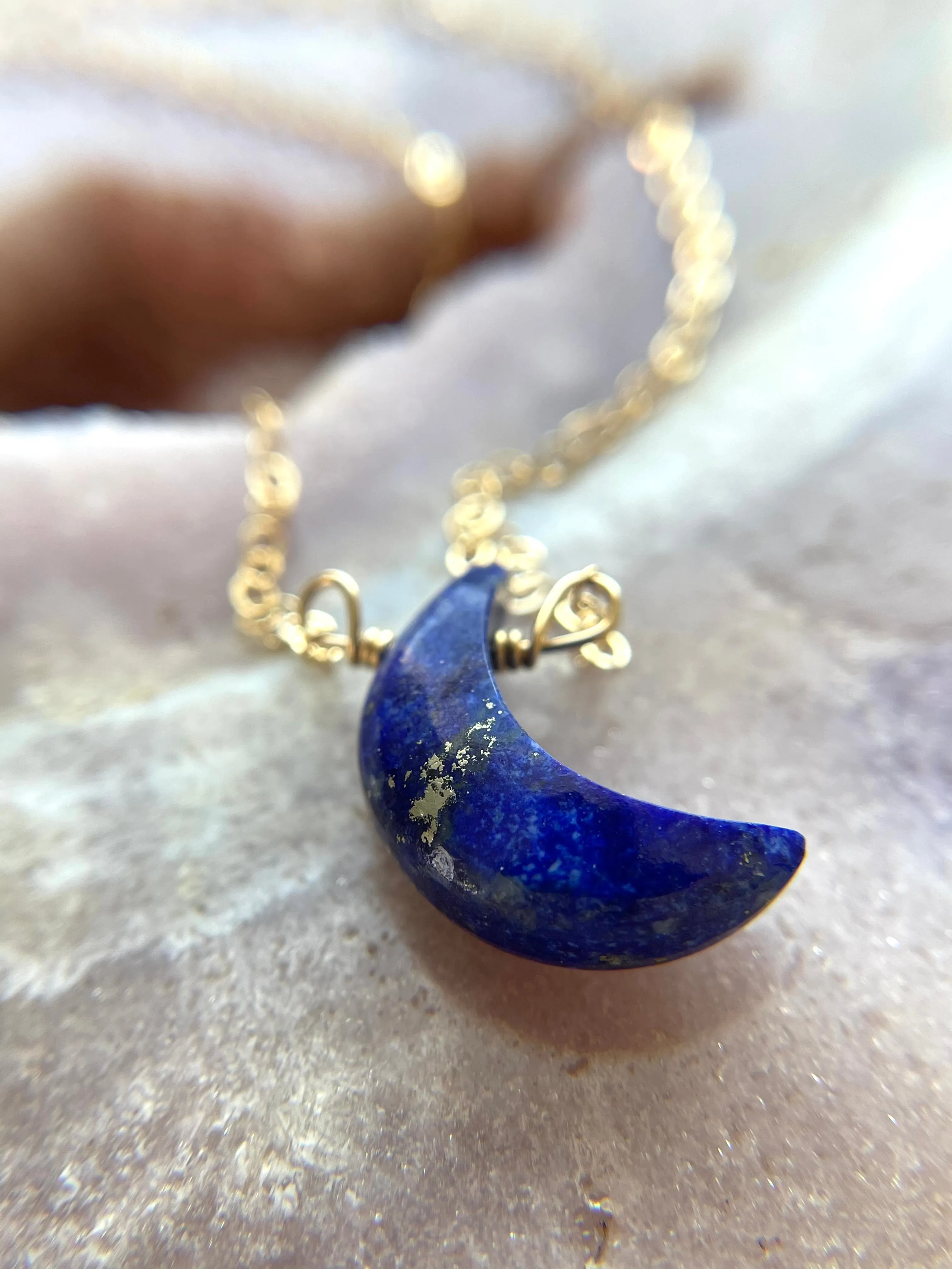 Blue Lapis Lazuli Crescent Moon Necklace  - Gold Necklace - Gemstone Necklace  - Lapis Lazuli Crystal Jewelry  - Raw Stone Necklace