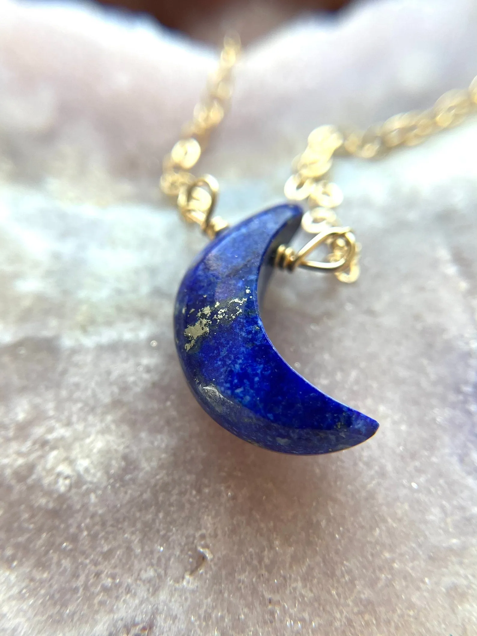 Blue Lapis Lazuli Crescent Moon Necklace  - Gold Necklace - Gemstone Necklace  - Lapis Lazuli Crystal Jewelry  - Raw Stone Necklace