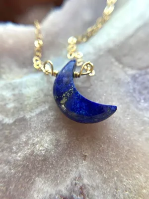 Blue Lapis Lazuli Crescent Moon Necklace  - Gold Necklace - Gemstone Necklace  - Lapis Lazuli Crystal Jewelry  - Raw Stone Necklace
