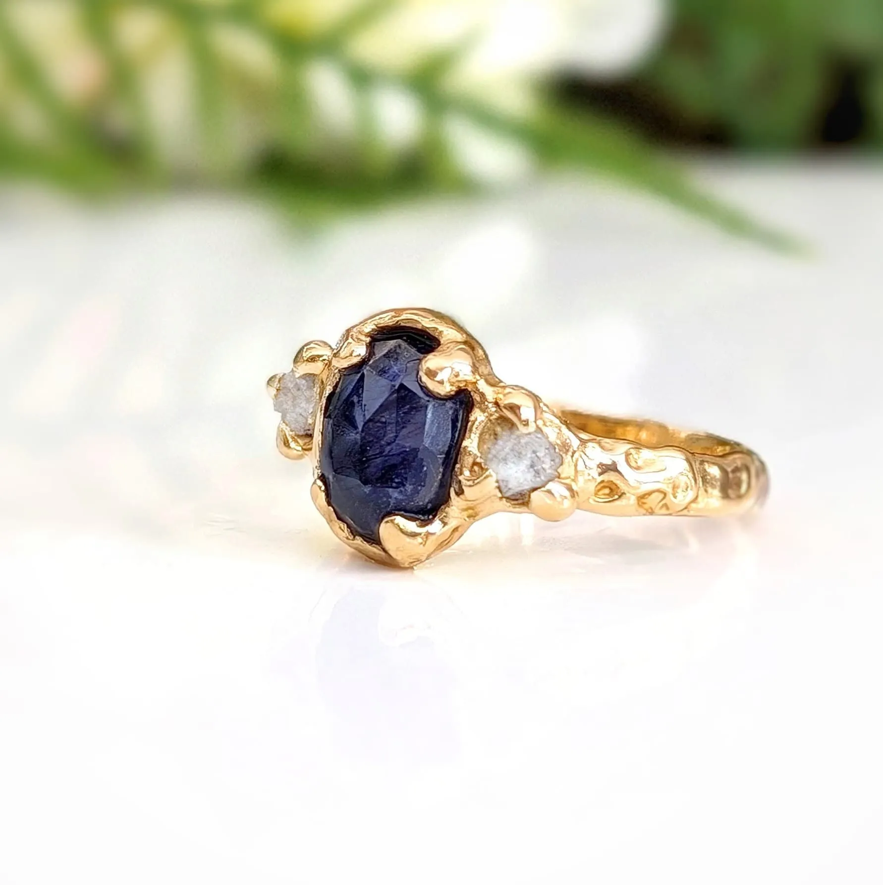 Blue Sapphire and diamond engagement ring - Solid 14k Gold textured ring