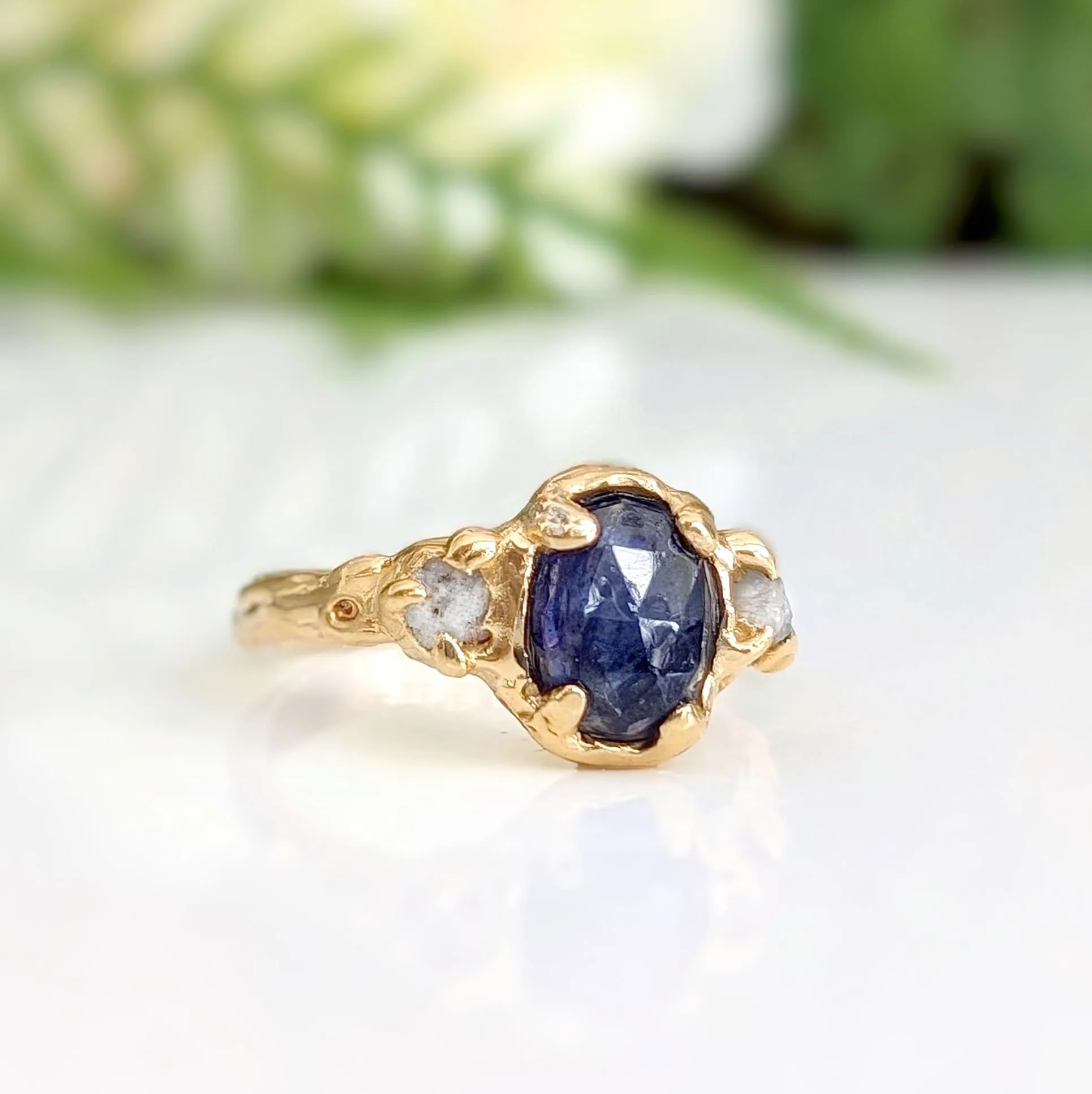Blue Sapphire and diamond engagement ring - Solid 14k Gold textured ring
